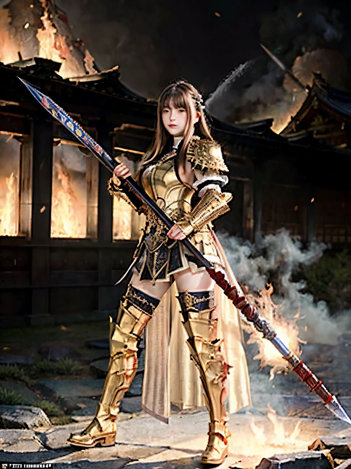 (((Realistic, masterpiece, best quality, full body shot))), girl wearing golden armor, japan style heavy armor, long straight hair, sweating, bloodstained, holding japan sword, in epic war, fire and smoke everywhere