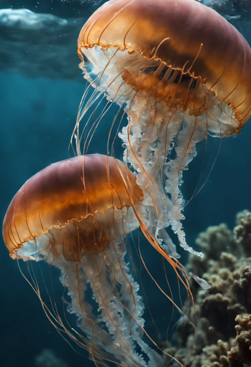 (best quality, 4k, 8k, high resolution, masterpiece: 1.2), ultra detailed, (realistic, photorealistic, photorealistic: 1.37), (professional underwater photography of a jellyfish: 1.32), translucent jellyfish, raw photography, spectacular seabed Sigma art 85mm objective with depth of field