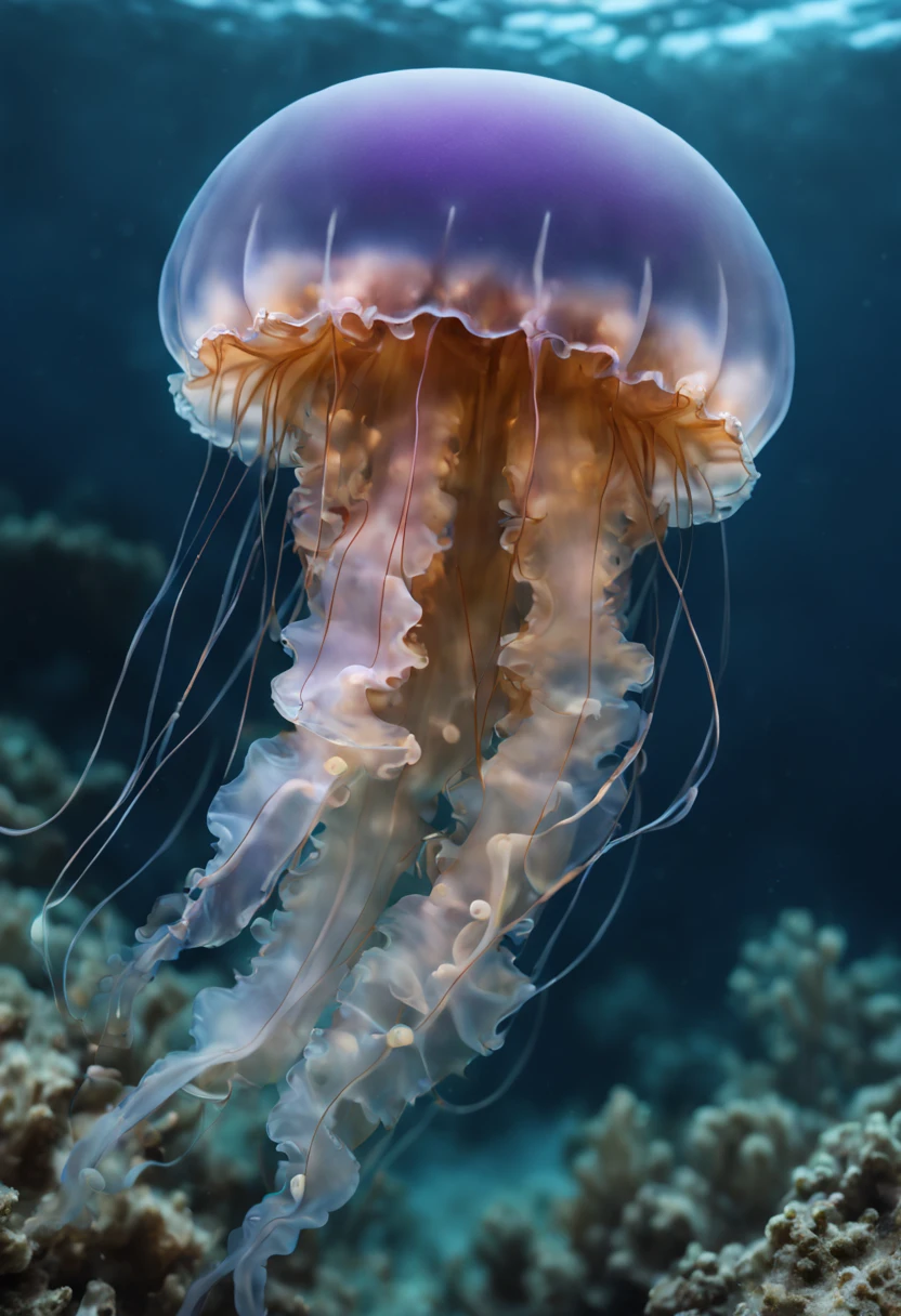 (best quality, 4k, 8k, high resolution, masterpiece: 1.2), ultra detailed, (realistic, photorealistic, photorealistic: 1.37), (professional underwater photography of a jellyfish: 1.32), translucent jellyfish, raw photography, spectacular seabed Sigma art 85mm objective with depth of field
