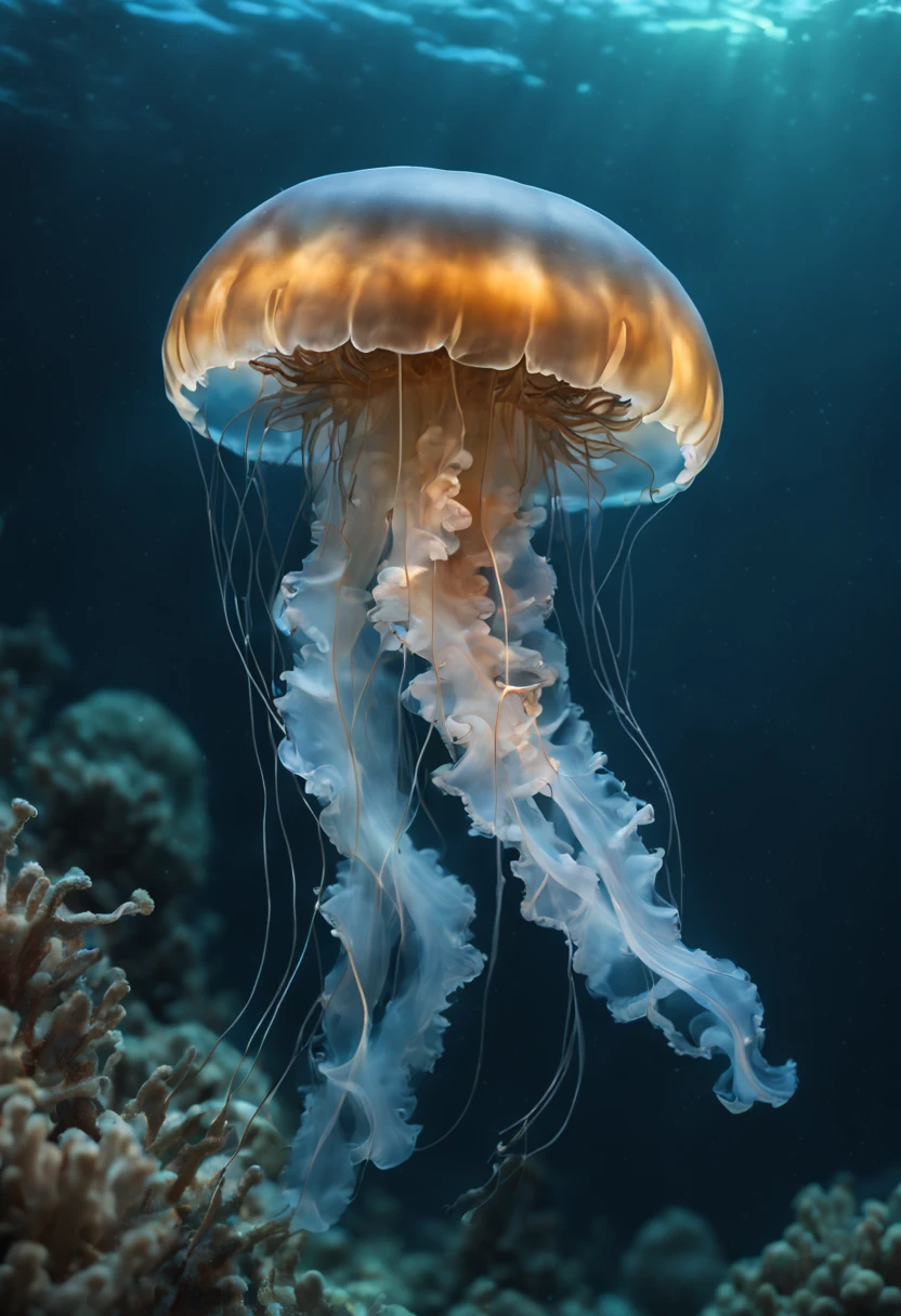 (best quality, 4k, 8k, high resolution, masterpiece: 1.2), ultra detailed, (realistic, photorealistic, photorealistic: 1.37), (professional underwater photography of a jellyfish: 1.32), translucent jellyfish, raw photography, spectacular seabed Sigma art 85mm objective with depth of field
