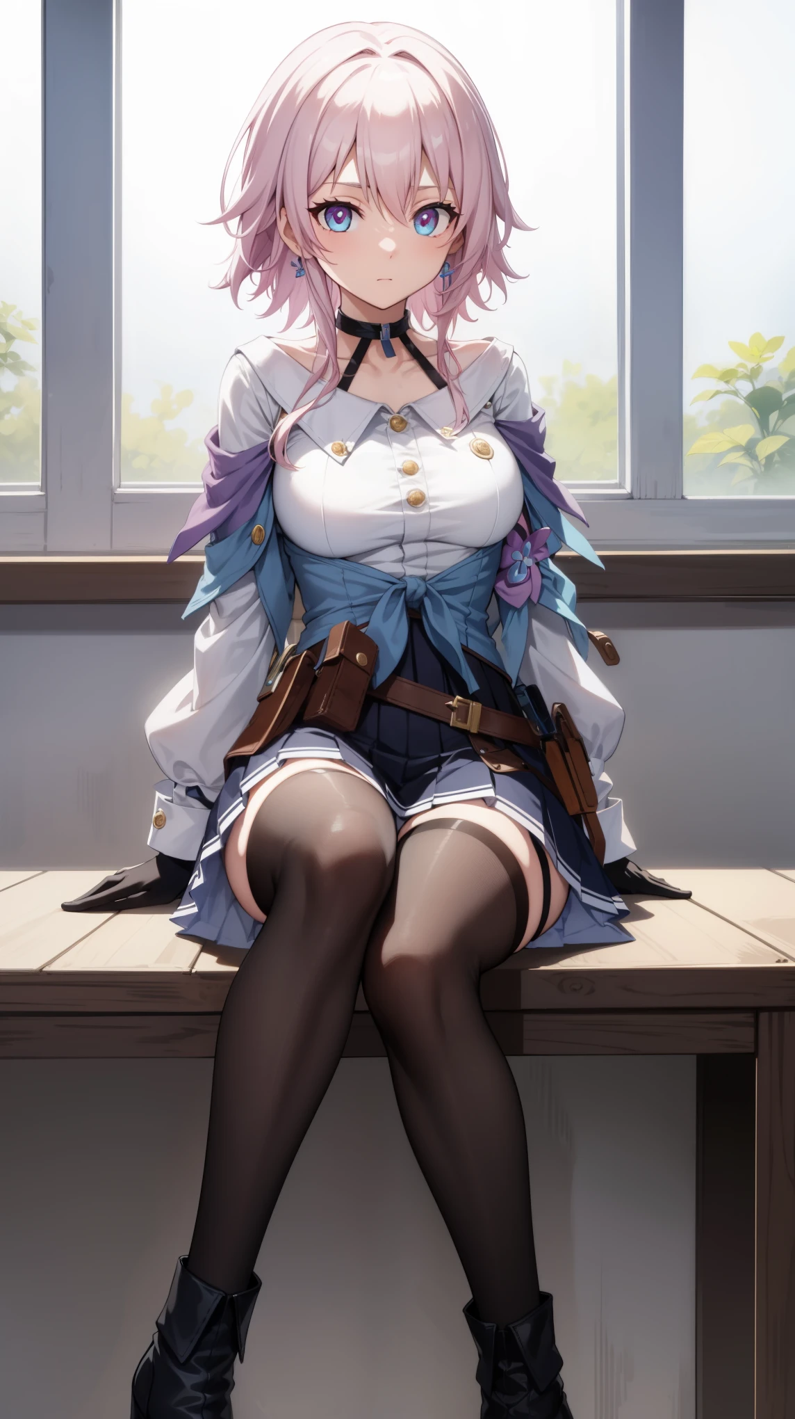 marchseventh, march seventh, blue eyes, hair between eyes, medium hair, pink eyes, pink hair, two-tone eyes,
BREAK ankle boots, archery shooting glove, badge, bare legs, black choker, black corset, black footwear, black gloves, blue jacket, blue skirt, boots, button badge, buttons, choker, collarbone, corset, earrings, flower ornament, gloves, high heel boots, high heels, jacket, jewelry, long sleeves, miniskirt, partially fingerless gloves, pleated skirt, shirt, single earring, single glove, skirt, thigh strap, tied jacket, underbust, white shirt
BREAK looking at viewer,
BREAK indoors, classroom,
BREAK (masterpiece:1.2), best quality, high resolution, unity 8k wallpaper, (illustration:0.8), (beautiful detailed eyes:1.6), extremely detailed face, perfect lighting, extremely detailed CG, (perfect hands, perfect anatomy),