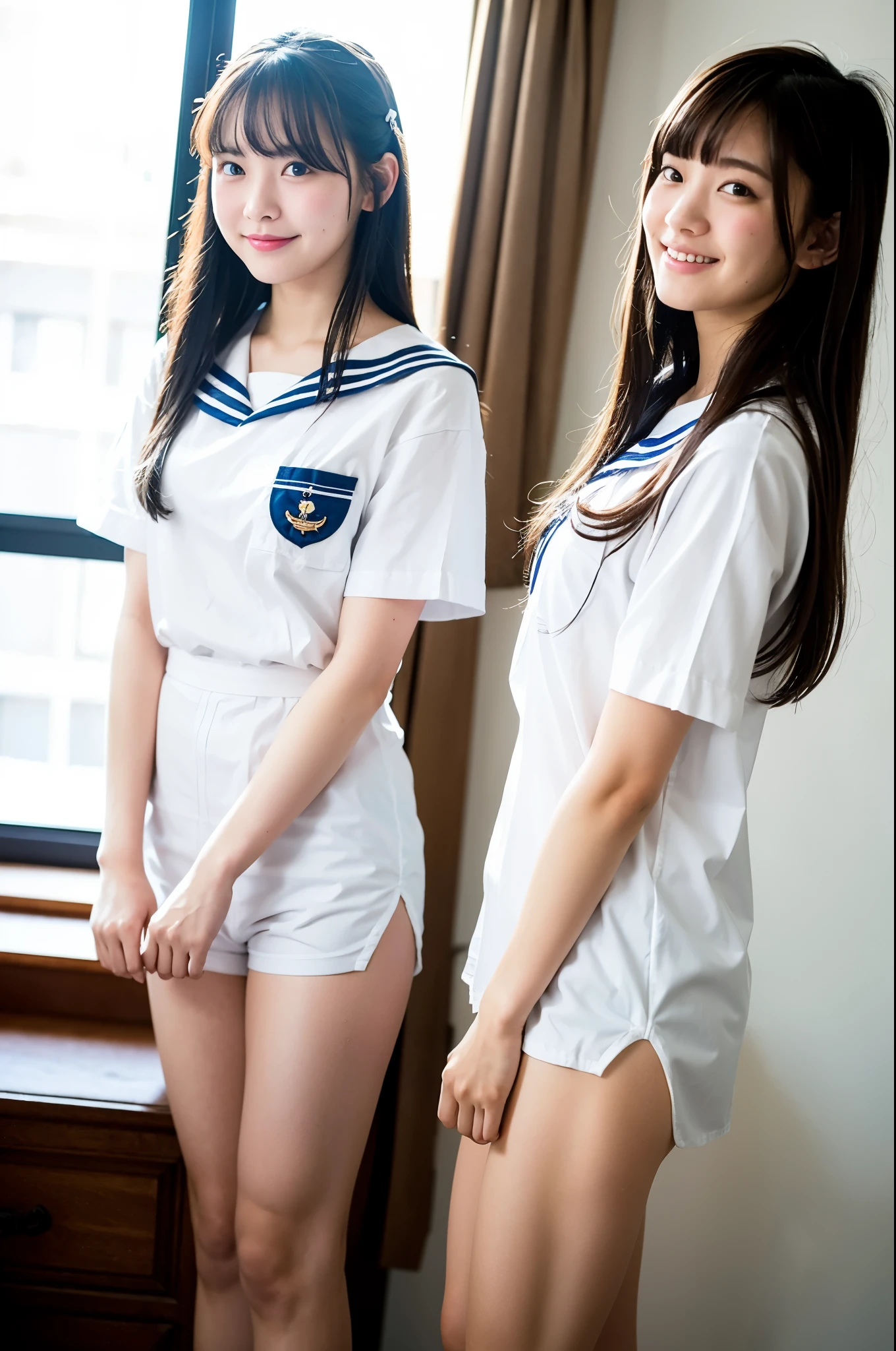 2 girls in school classroom,white sailor shirt,white bikini-style panties,pink bow tie,18-year-old,bangs,a little smile,thighs,short cut hair,low ponytail,from below,frontlighting