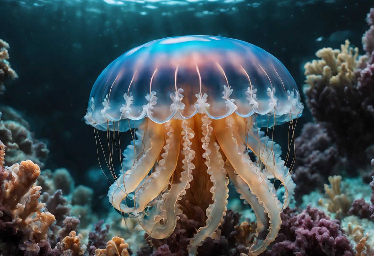 (best quality, 4k, 8k, high resolution, masterpiece: 1.2), ultra detailed, (realistic, photorealistic, photorealistic: 1.37), (professional underwater photography of a jellyfish: 1.32), translucent jellyfish, raw photography, spectacular seabed Sigma art 85mm objective with depth of field