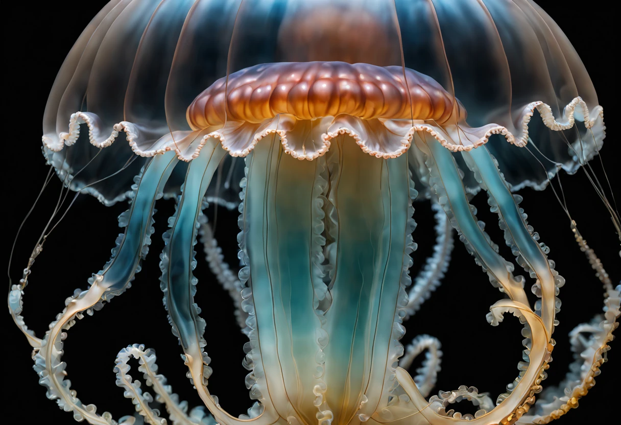 (best quality, 4k, 8k, high resolution, masterpiece: 1.2), ultra detailed, (realistic, photorealistic, photorealistic: 1.37), (professional underwater photography of a jellyfish: 1.32), translucent jellyfish, raw photography, spectacular seabed Sigma art 85mm objective with depth of field