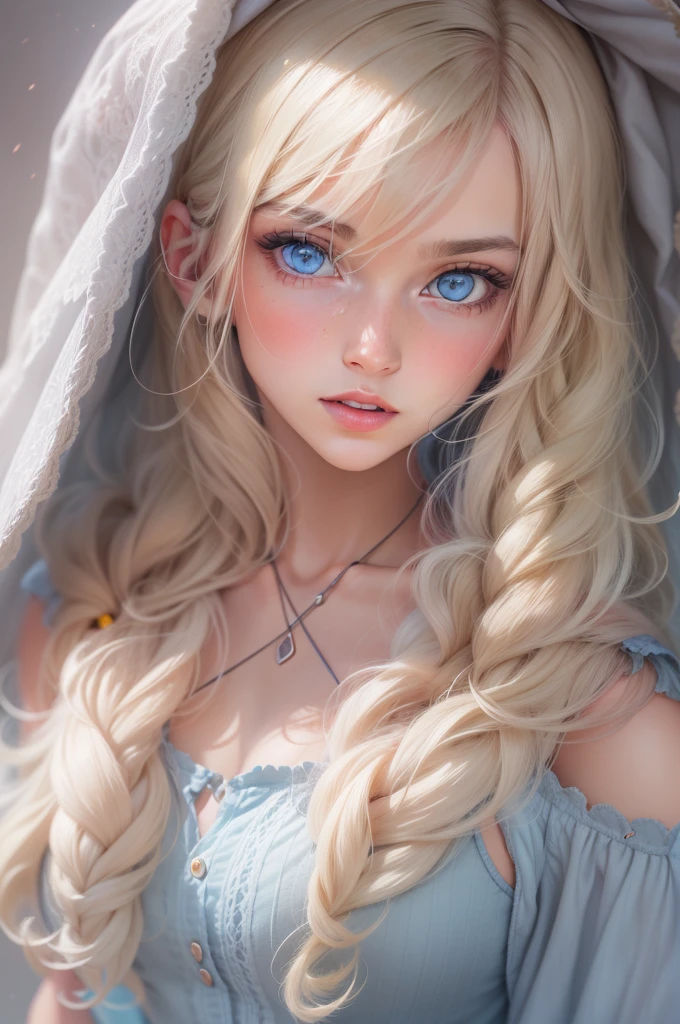 Blonde woman with blue eyes and veil on head、soft portrait shot 8k、realistic beautiful face、8K portrait rendering、realistic beautiful face、beautiful realistic face、Photorealistic anime girl rendering、surreal beautiful face、8K realistic digital art、realistic digital art 4k、realistic digital art 4k、highly realistic digital art,{{{{dynamic angle whole body}}}},{{{{dynamic angle whole body}}}}