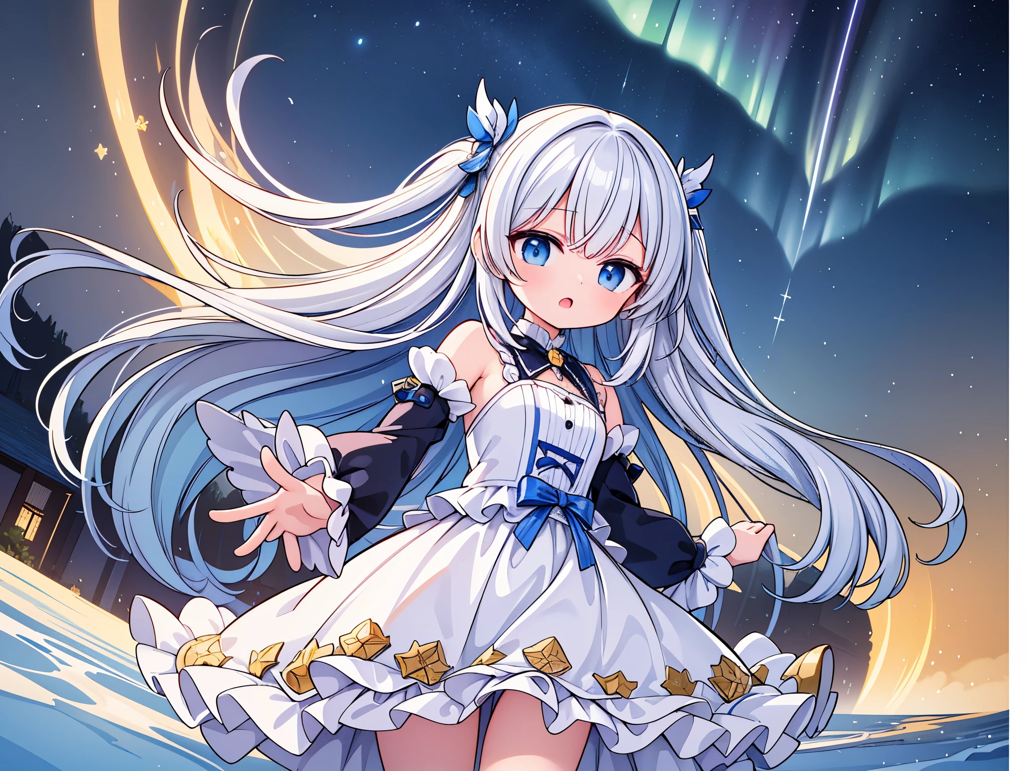 White hair, small breasts, red eyes, no expression, blue dress, ice flower