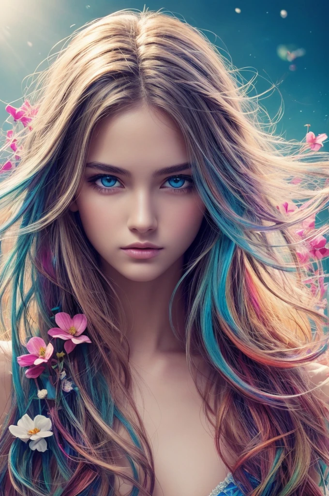 (masterpiece), (highest quality), (super detailed),(messy hair),(illustration), Are standing, model, looking at the viewer, (interview), (detailed background),beautiful detailed eyes, gentle and beautiful face, floating,(high color saturation),(colorful splashes),colorful bubble,(shining), focus on the face, floating flowers, floating hair, (shining), better lighting, better shadow, There is only one evil