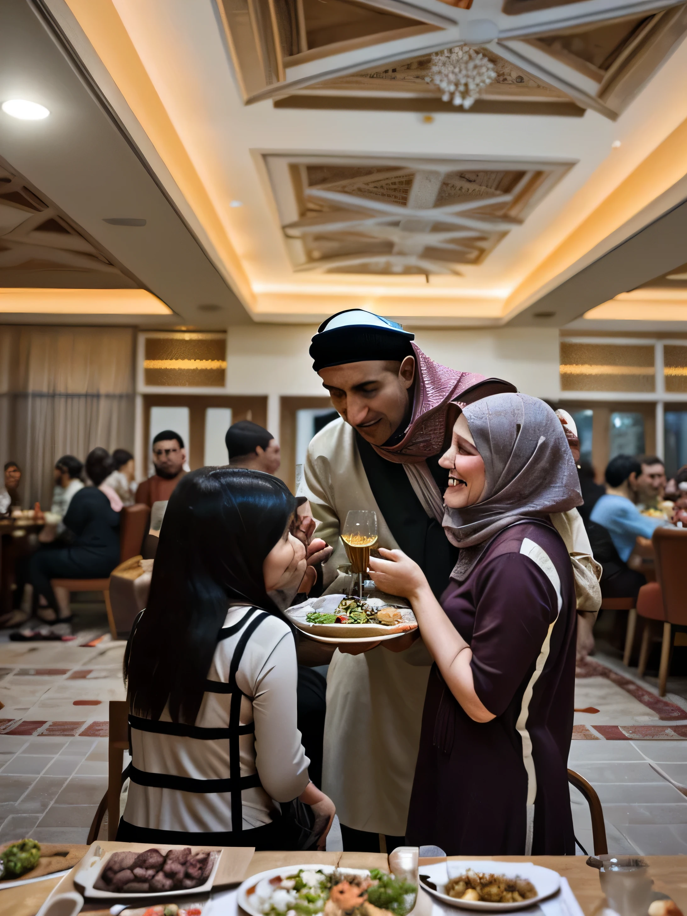 Craft a vivid scene centered around a realistic Muslim family (Husband, wife kids and other family members) gathered at a restaurant, eagerly anticipating iftar during their midjourney. Delve into the details of their cultural and religious expressions, showcasing the joy, warmth, and gratitude permeating the atmosphere. Explore the interactions, traditions, and shared moments that make this iftar celebration a special and meaningful occasion for the family. Bring to life the diversity of ages, personalities, and relationships within the family as they come together to break their fast and share in the spirit of togetherness.