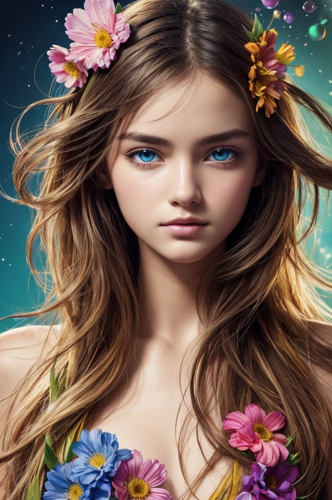 (masterpiece), (highest quality), (super detailed),(messy hair),(illustration),Are standing, model, looking at the viewer, (interview), (detailed background),beautiful detailed eyes, gentle and beautiful face, floating,(high color saturation),(colorful splashes),colorful bubble,(shining), focus on the face, floating flowers, floating hair, (shining), better lighting, better shadow, There is only one evil