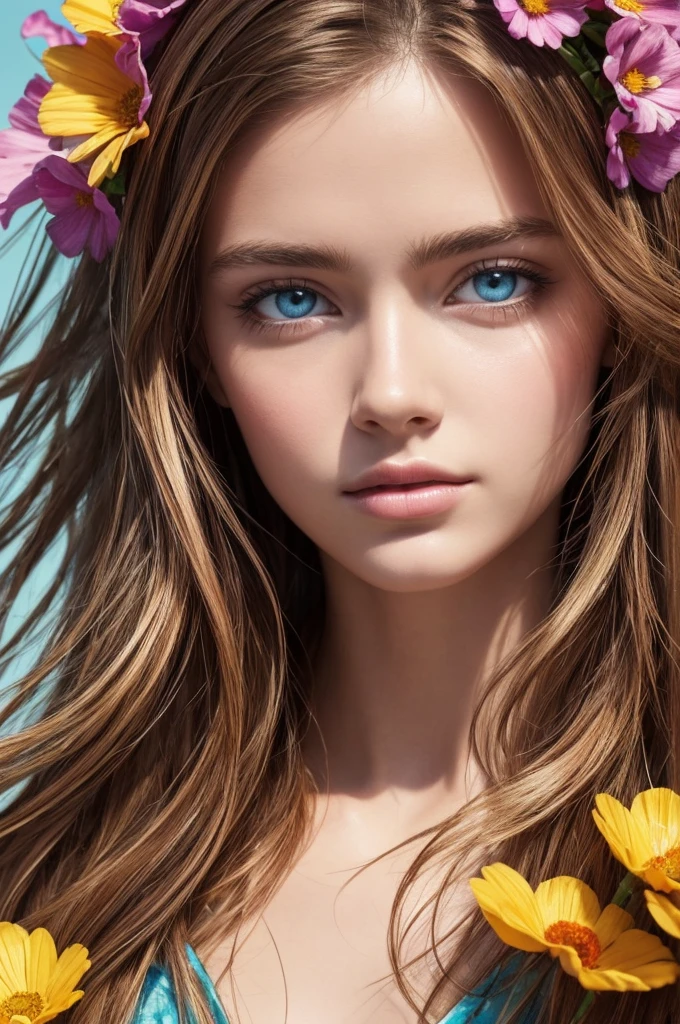 (masterpiece), (highest quality), (super detailed),(messy hair),(illustration),Are standing, model, looking at the viewer, (interview), (detailed background),beautiful detailed eyes, gentle and beautiful face, floating,(high color saturation),(colorful splashes),colorful bubble,(shining), focus on the face, floating flowers, floating hair, (shining), better lighting, better shadow, There is only one evil