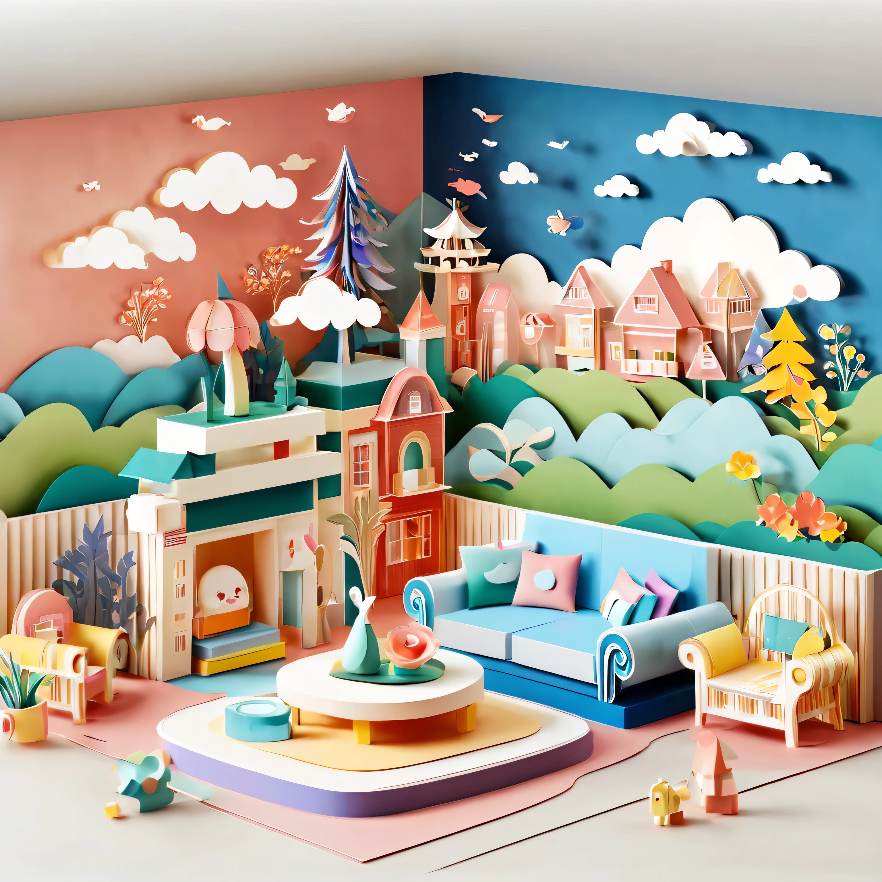 3d paper cut style, classic, cartoon, Lovely, Living room paper cutting art,