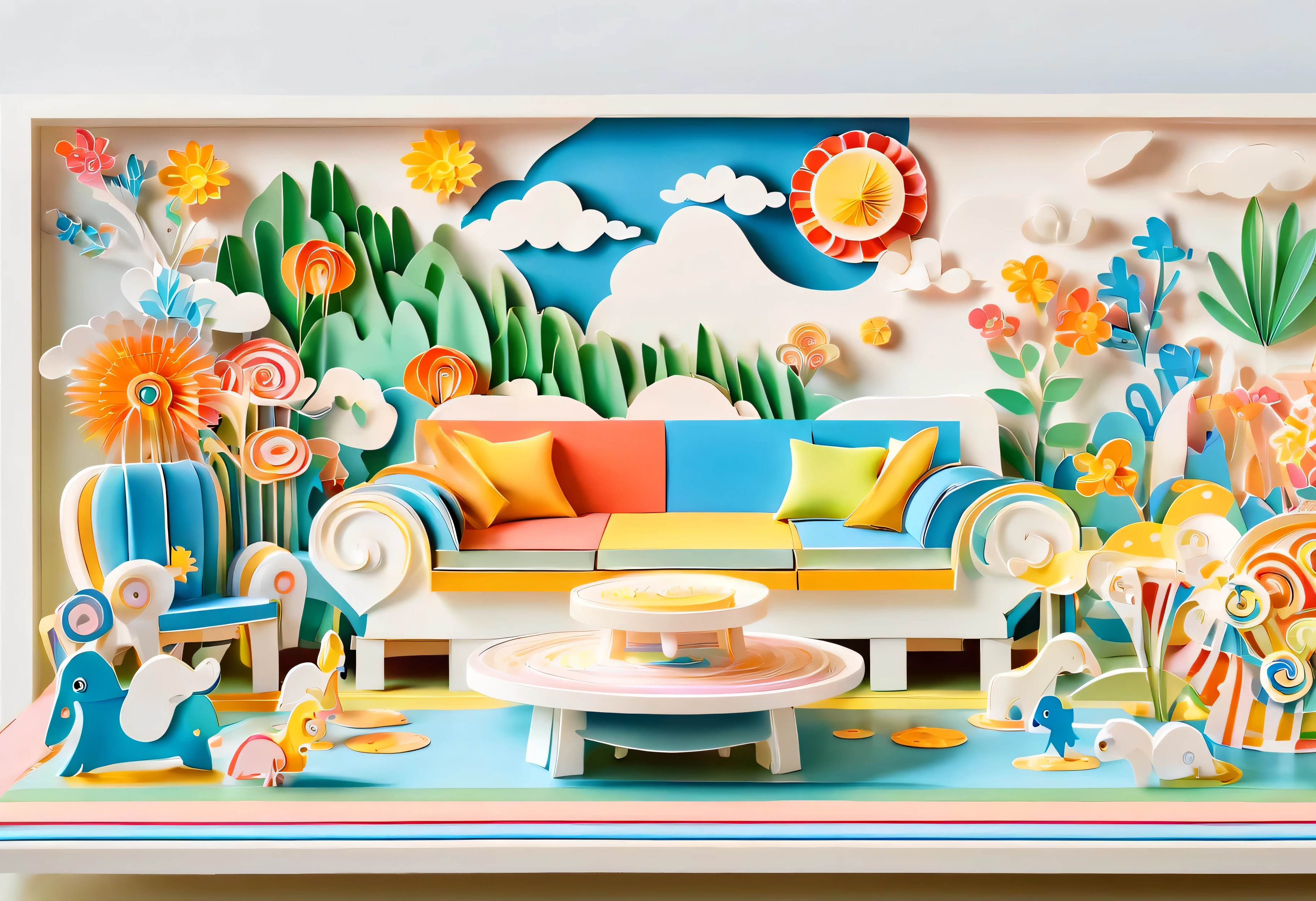 3d paper cut style，，cartoon，Lovely，Living room paper cutting art，俏皮Lovely的房间装饰，paper art furniture，Sofa made from folded paper and decoupage，chairs and tables，bright colors，Whimsical patterns，Walls decorated with animals，flowers、风景等纸艺cartoon