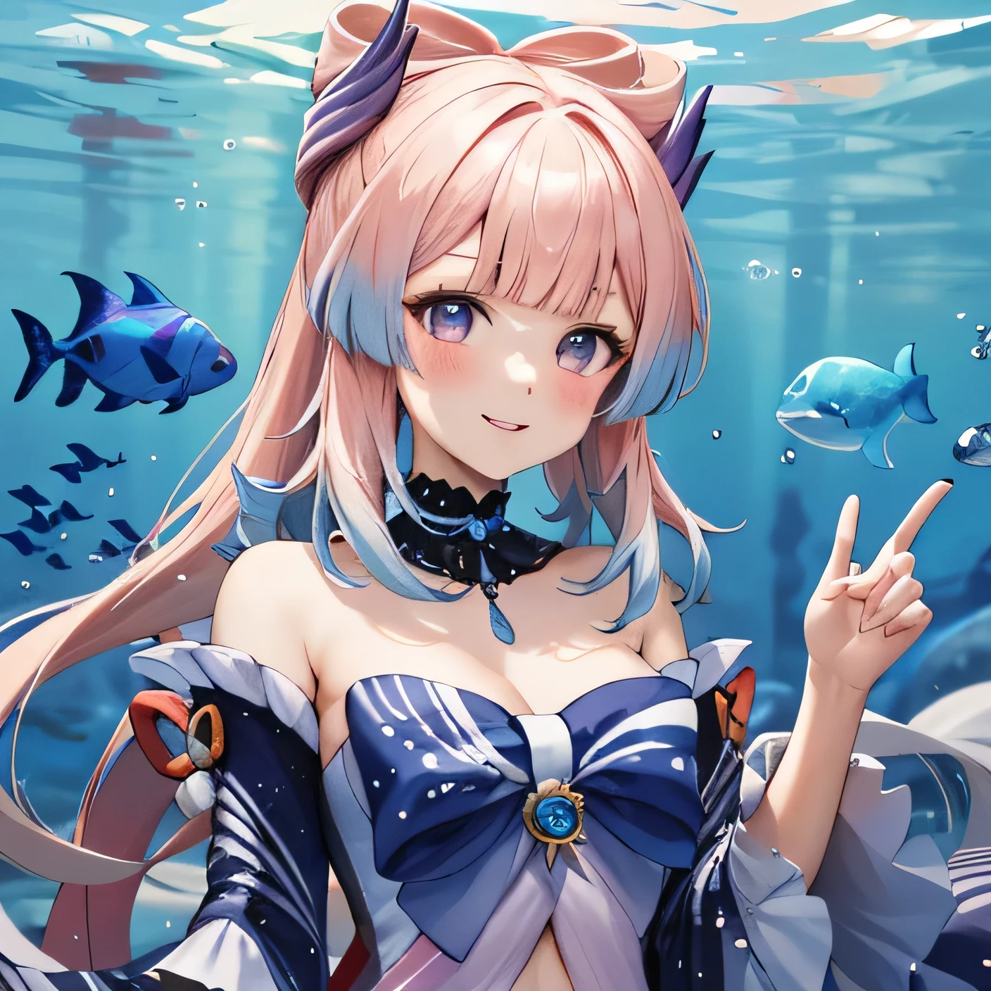 Kokomidef, Upper body, smile, blush,Under the water, there are bubbles , jellyfish and fish, blush,, anime style to the waist