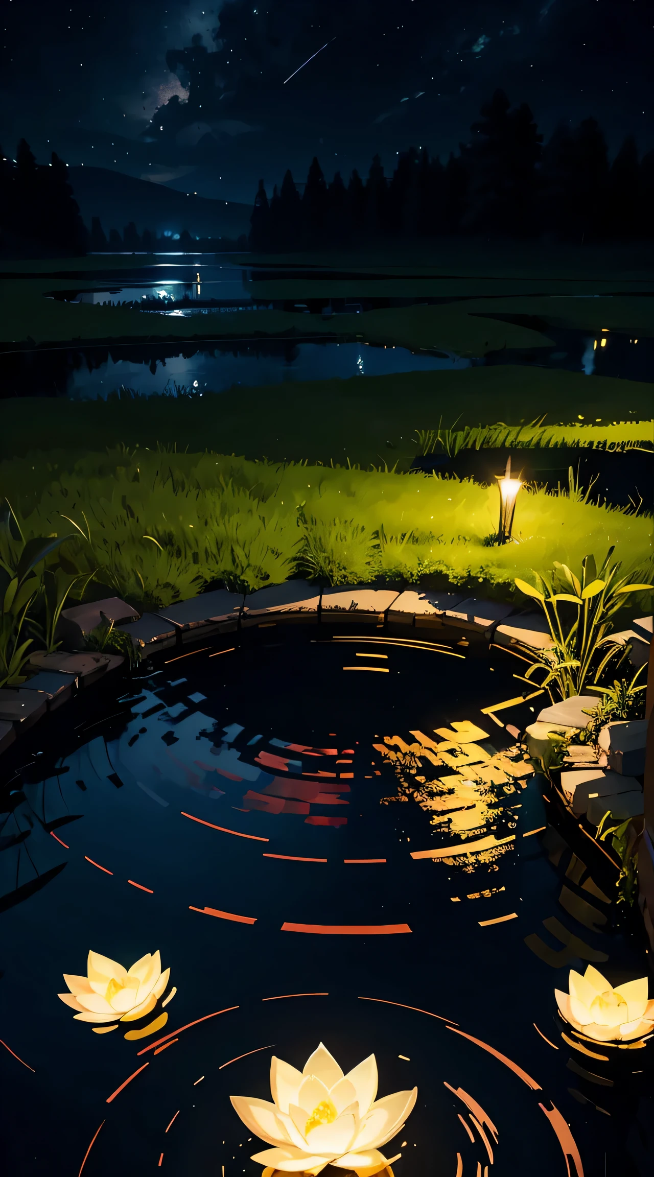 Dark night in the pond, There was a light shining from behind., There is no person., high resolution, wash people, The center point in the picture, Depth of view.