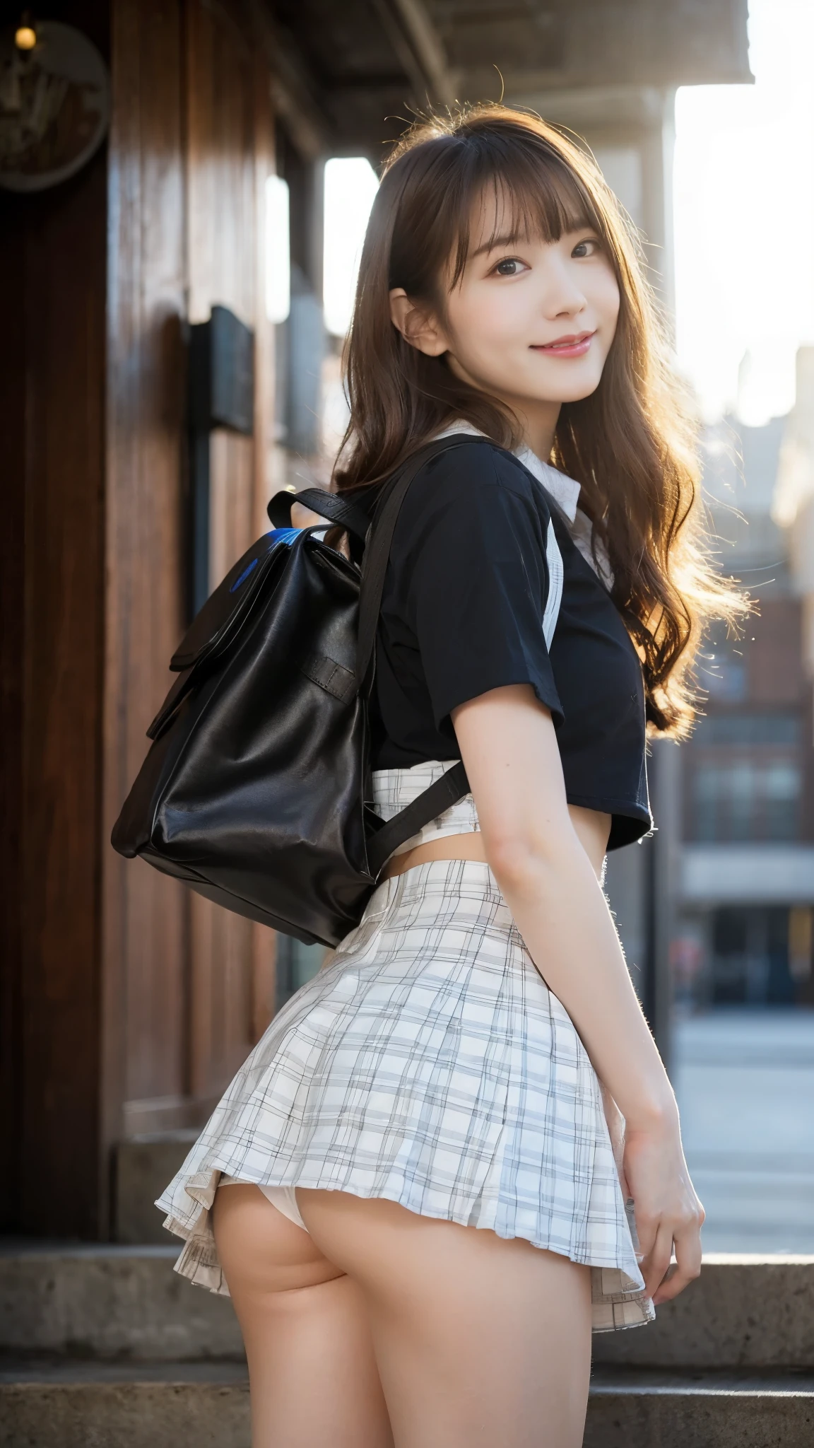 High school girl standing on the school stairs,short sleeve white shirt,Very short red plaid miniskirt:1.2,18-year-old,bangs,a little smile,thighs,knees,from below，random pose，pretty girl，slender girl，white panties，Short-cut blonde，short side waves，carrying a black backpack、buttocks are exposed a lot、buttocks half exposed、