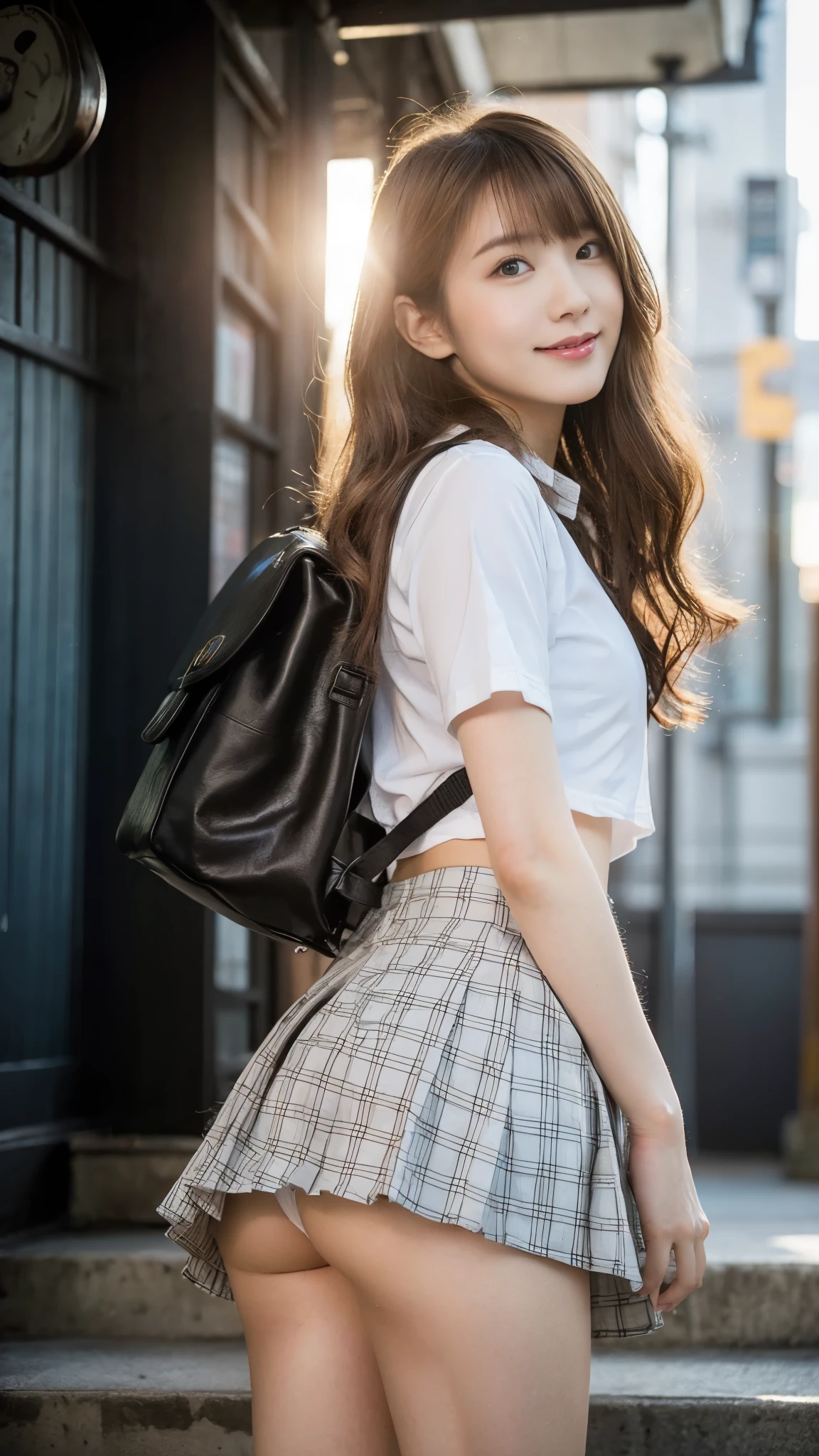 High school girl standing on the school stairs,short sleeve white shirt,Very short red plaid miniskirt:1.2,18-year-old,bangs,a little smile,thighs,knees,from below，random pose，pretty girl，slender girl，white panties，Short-cut blonde，short side waves，carrying a black backpack、buttocks are exposed a lot、buttocks half exposed、