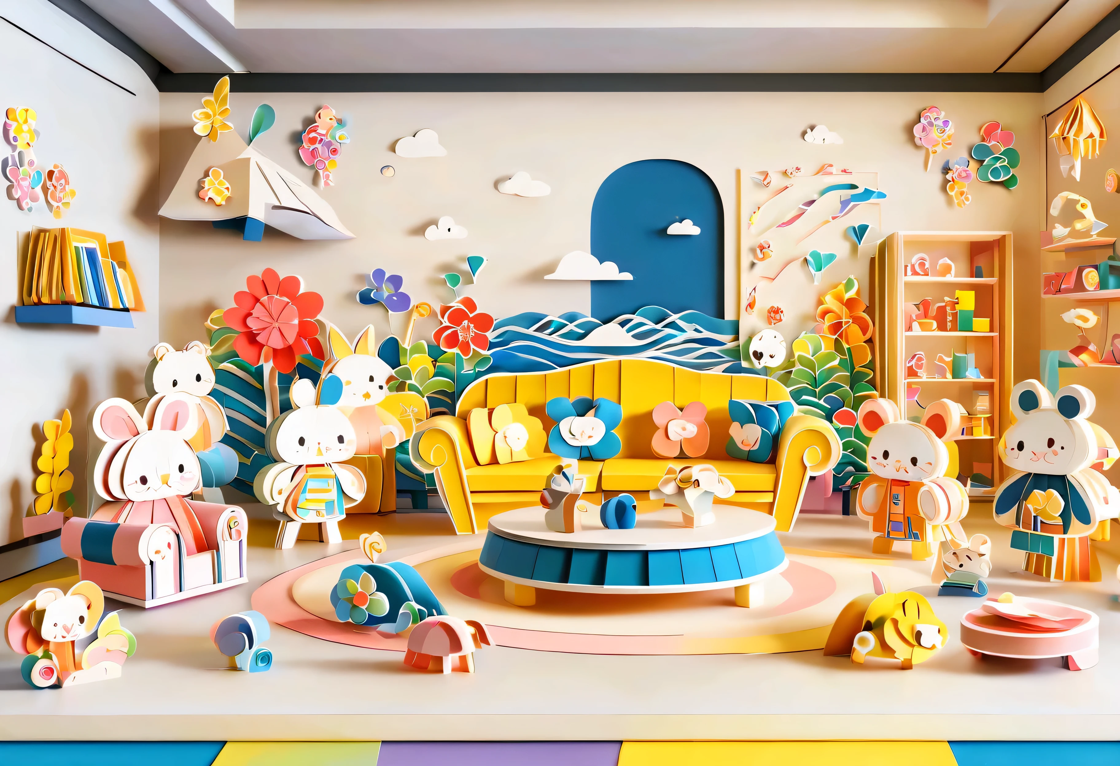 3d paper cut style，，cartoon，Lovely，Living room paper cutting art，俏皮Lovely的房间装饰，paper art furniture，Sofa made from folded paper and decoupage，chairs and tables，bright colors，Whimsical patterns，Walls decorated with animals，flowers、风景等纸艺cartoon