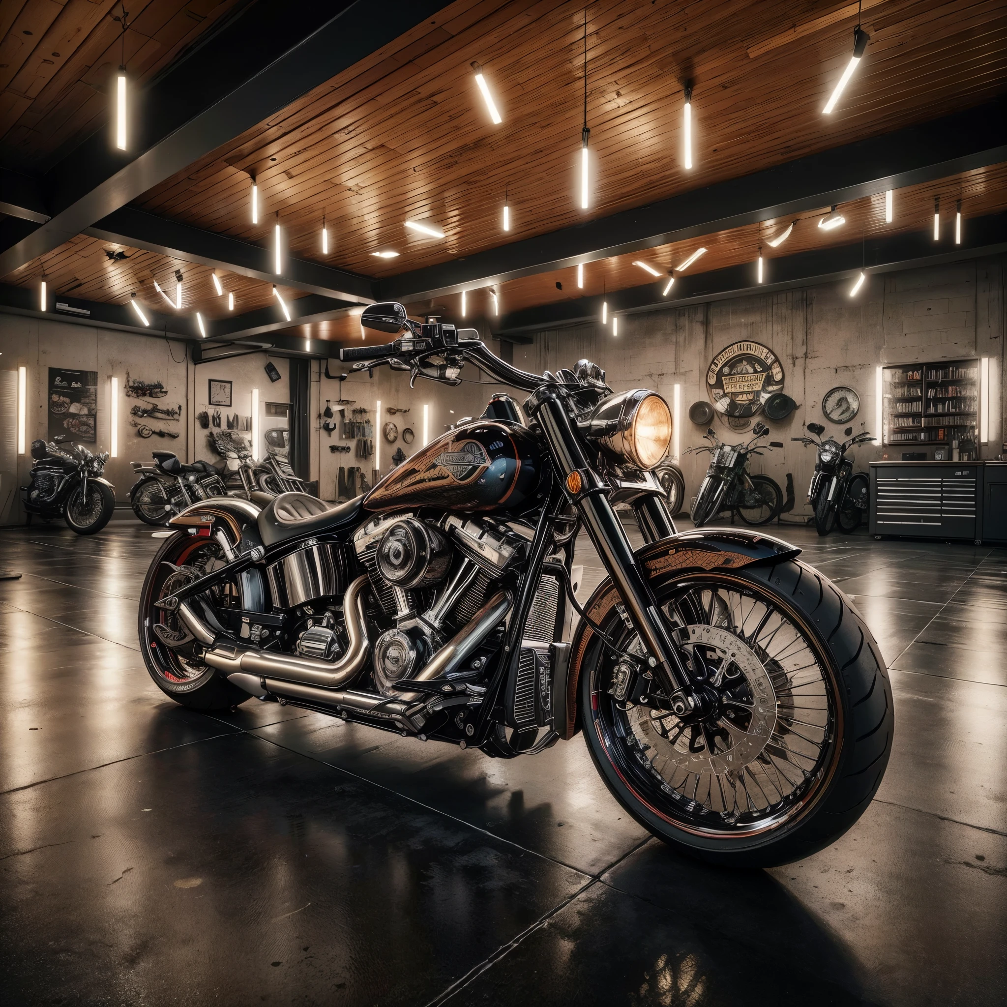 Harley davidson Choppers extreme custom modified parked a modern garage , with ultra high definition . long exposure. camera Hasselblad H6D-400C MS, foto ultra realistis, high resolution, hyper detailed