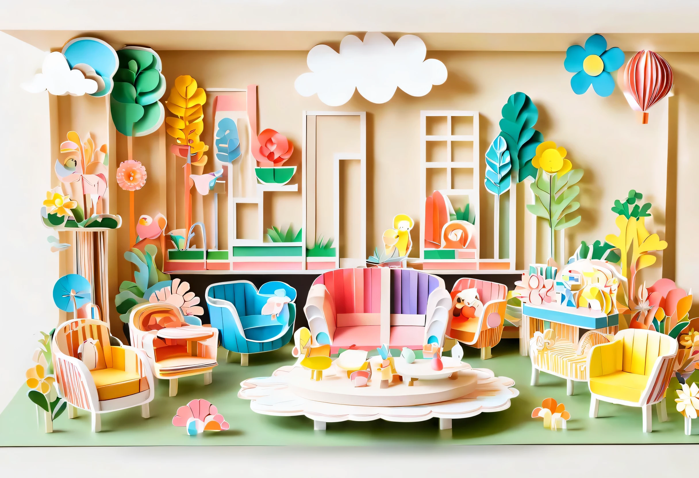 3d paper cut style，，cartoon，Lovely，Living room paper cutting art，俏皮Lovely的房间装饰，paper art furniture，Sofa made from folded paper and decoupage，chairs and tables，bright colors，Whimsical patterns，Walls decorated with animals，flowers、风景等纸艺cartoon