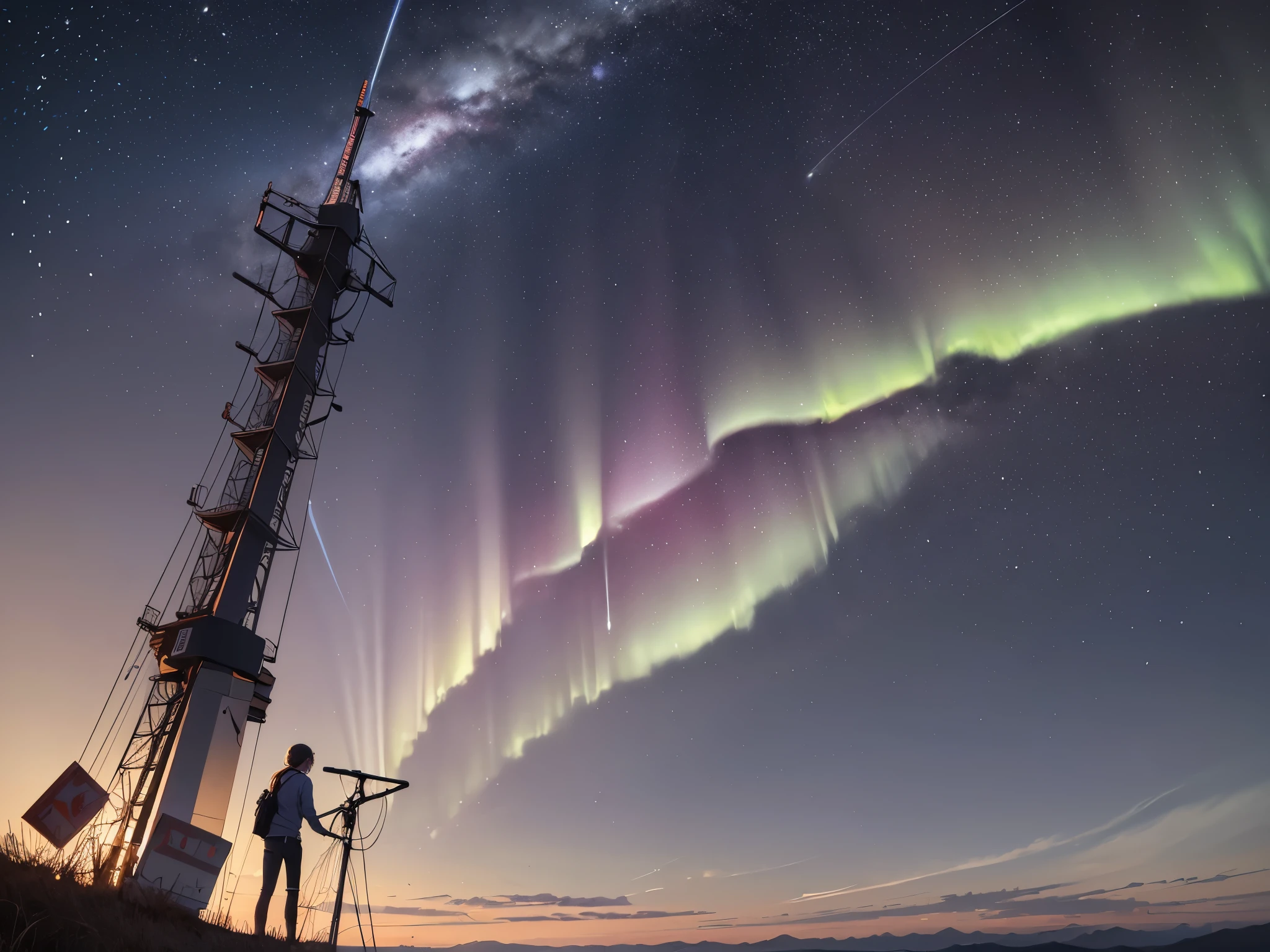 ((highest quality)),(ultra high resolution),(Super detailed),(detailed description),((best CG)),(best work of art),super precision art,amazing drawing art,(Art with precise details:1.5), Starry sky with fluttering aurora、Make a wish on a shooting star that passes through the night sky