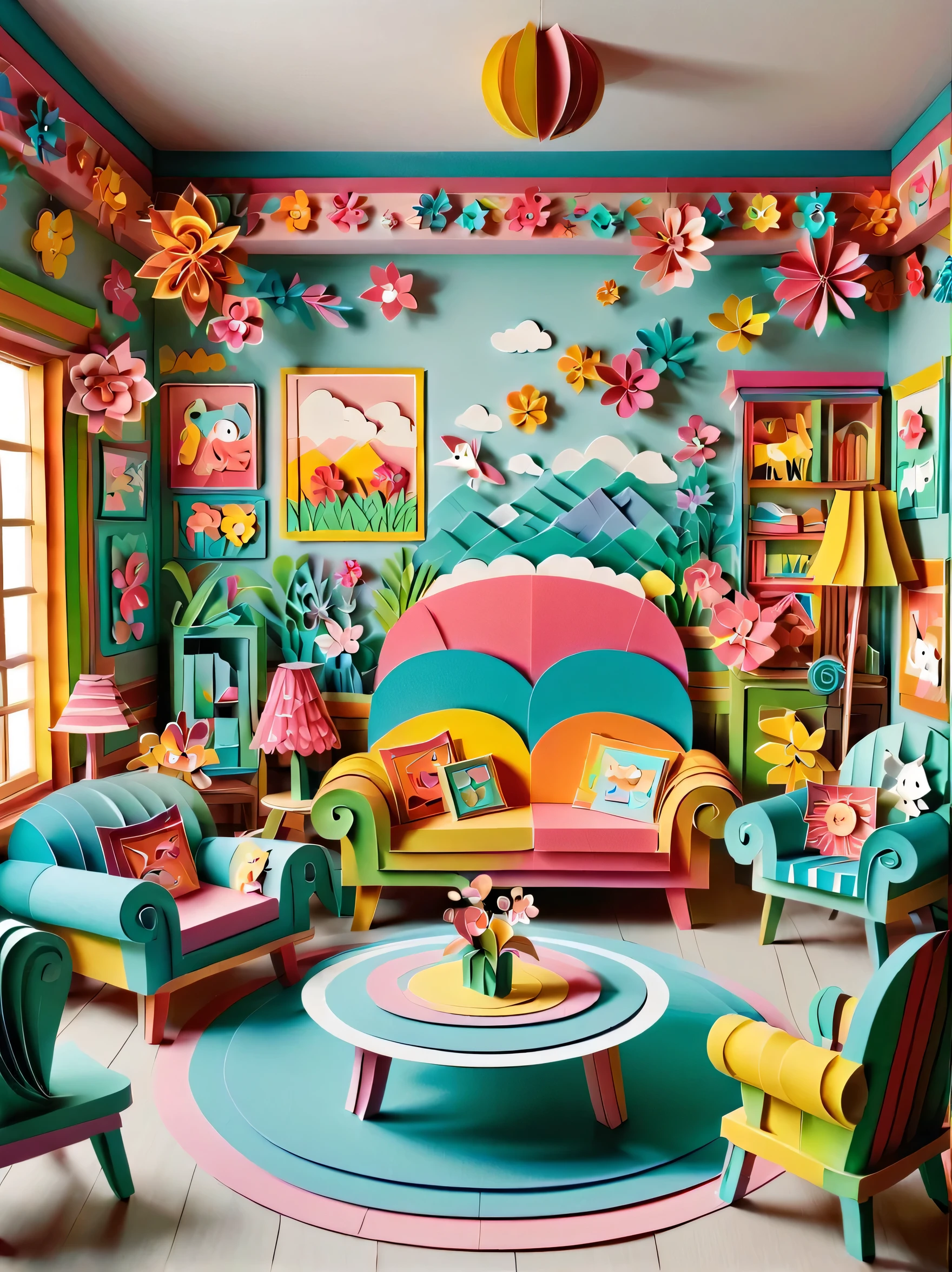 3d paper cut style, classic, cartoon, Lovely, Living room paper cutting art, playful and Lovely room decoration, paper art furniture, sofa, Chairs and tables made from folded and decoupage paper, bright colors, Whimsical patterns, The walls are decorated with animals, flowers, landscapes and other paper art cartoons