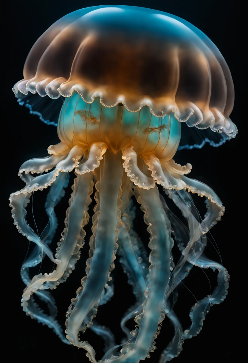 (best quality, 4k, 8k, high resolution, masterpiece: 1.2), ultra detailed, (realistic, photorealistic, photorealistic: 1.37), (professional underwater photography of a jellyfish: 1.32), translucent jellyfish, raw photography, spectacular seabed Sigma art 85mm objective with depth of field