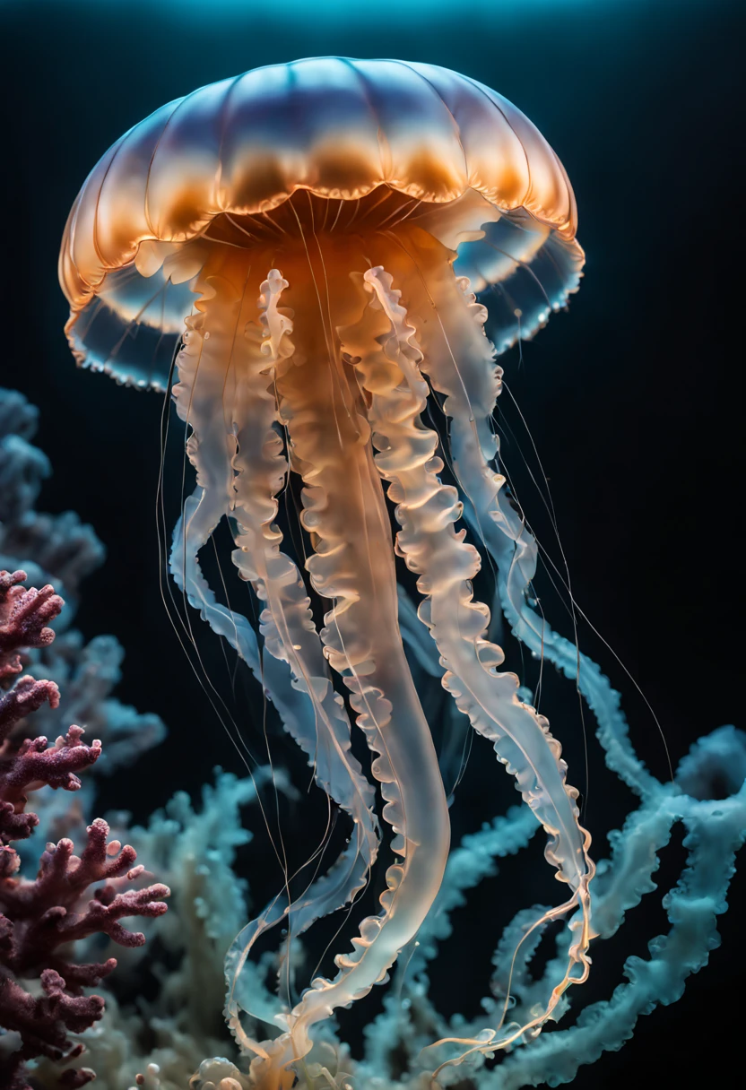(best quality, 4k, 8k, high resolution, masterpiece: 1.2), ultra detailed, (realistic, photorealistic, photorealistic: 1.37), (professional underwater photography of a jellyfish: 1.32), translucent jellyfish, raw photography, spectacular seabed Sigma art 85mm objective with depth of field