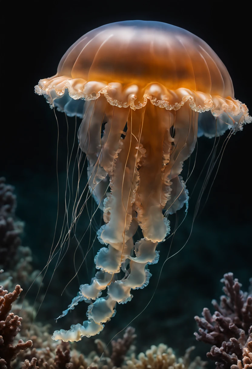 RAW photo, best, masterpiece, best quality, high quality, extremely detailed (a translucent jellyfish: 1.3), best quality, spectacular lighting, sharp focus, photorealistic, ultrarealistic, 8k, sea corals, professional color