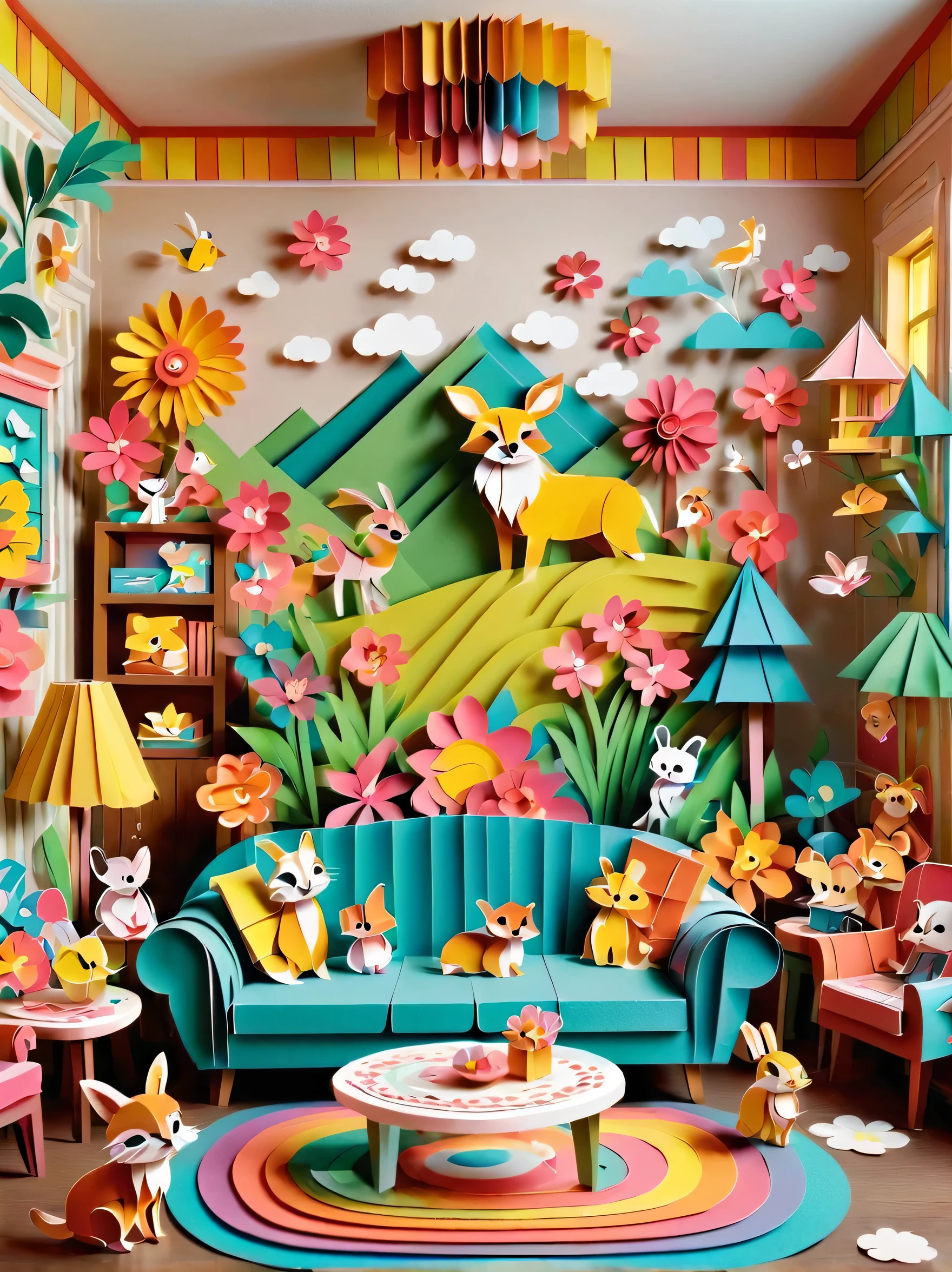 3d paper cut style, classic, cartoon, Lovely, Living room paper cutting art, playful and Lovely room decoration, paper art furniture, sofa, Chairs and tables made from folded and decoupage paper, bright colors, Whimsical patterns, The walls are decorated with animals, flowers, landscapes and other paper art cartoons