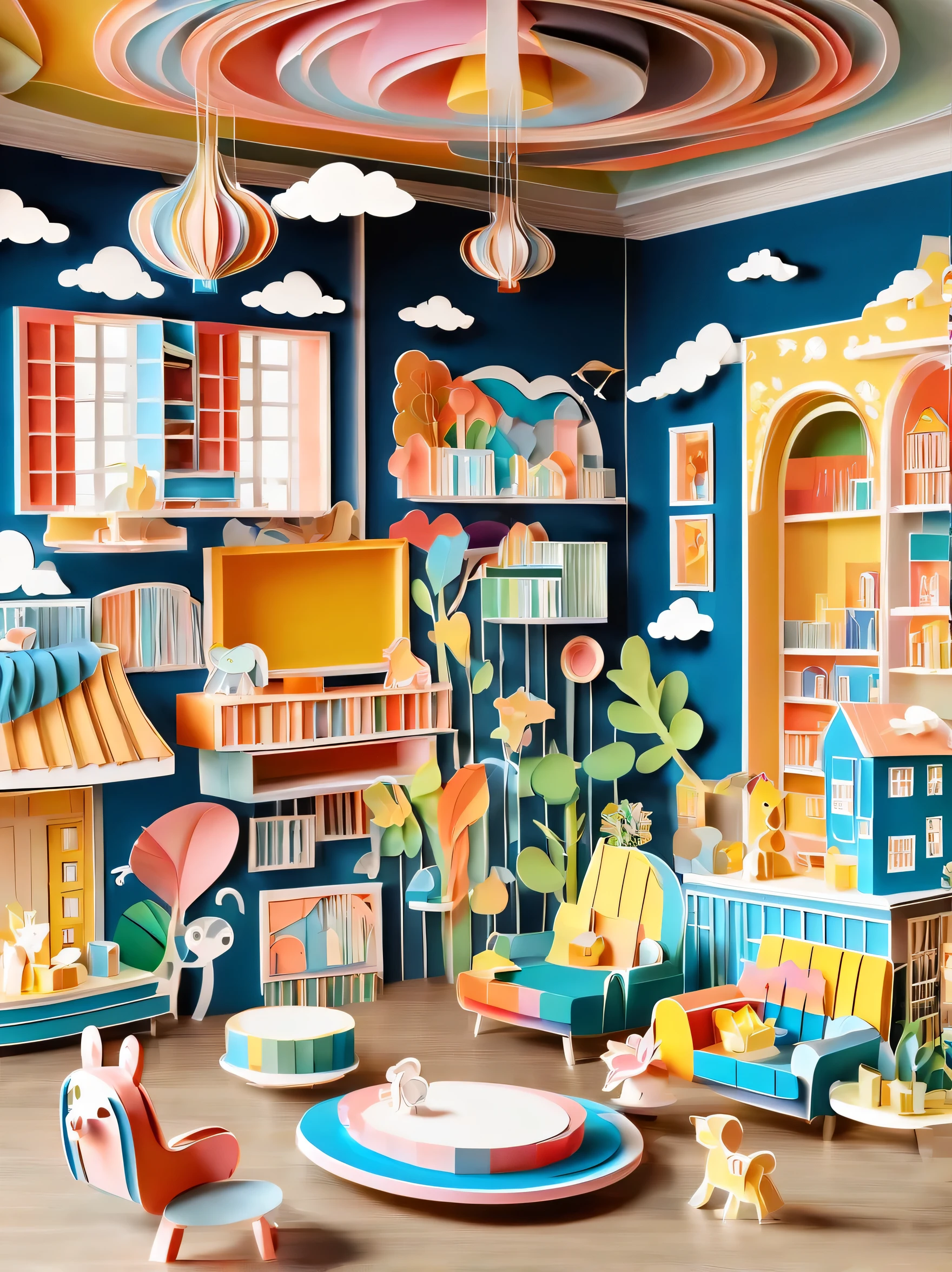 3d paper cut style, classic, cartoon, Lovely, Living room paper cutting art, playful and Lovely room decoration, paper art furniture, sofa, Chairs and tables made from folded and decoupage paper, bright colors, Whimsical patterns, The walls are decorated with animals, flowers, landscapes and other paper art cartoons