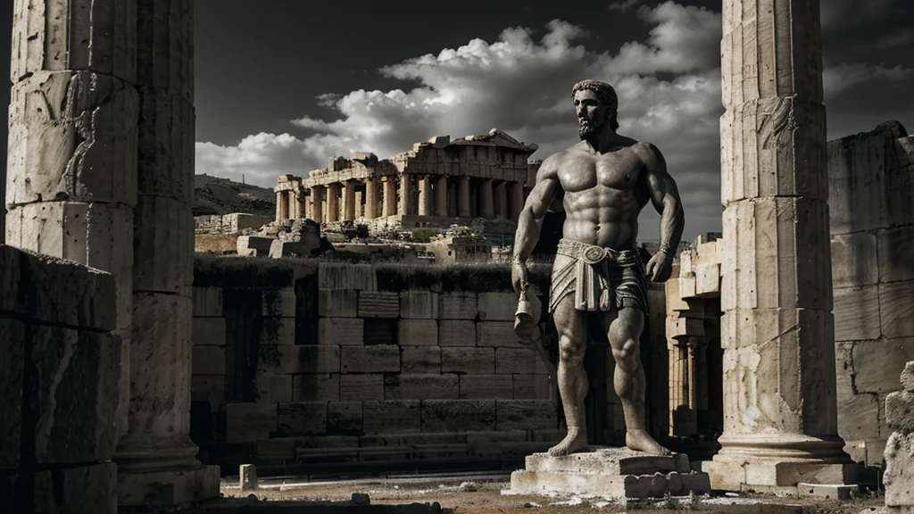 "A dark landscape image of an ancient greek society deeply connected to stoicism, black and white, ancient greek architecture, include one single big statue of a stereotypical strong greek man, marcus aurelius the statue standing over the ruins of athens dark themed