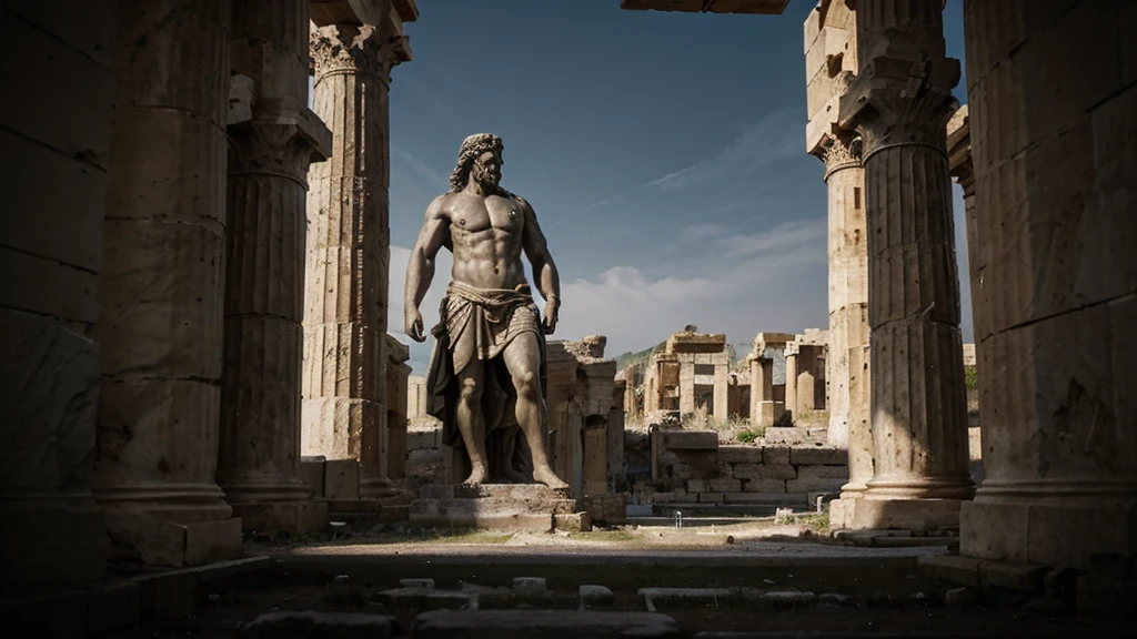 "A dark landscape image of an ancient greek society deeply connected to stoicism, black and white, ancient greek architecture, include one single big statue of a stereotypical strong greek man, marcus aurelius the statue standing over the ruins of athens dark themed