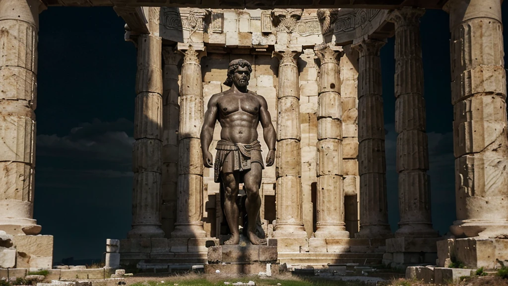 "A dark landscape image of an ancient greek society deeply connected to stoicism, black and white, ancient greek architecture, include one single big statue of a stereotypical strong greek man, marcus aurelius the statue standing over the ruins of athens dark themed