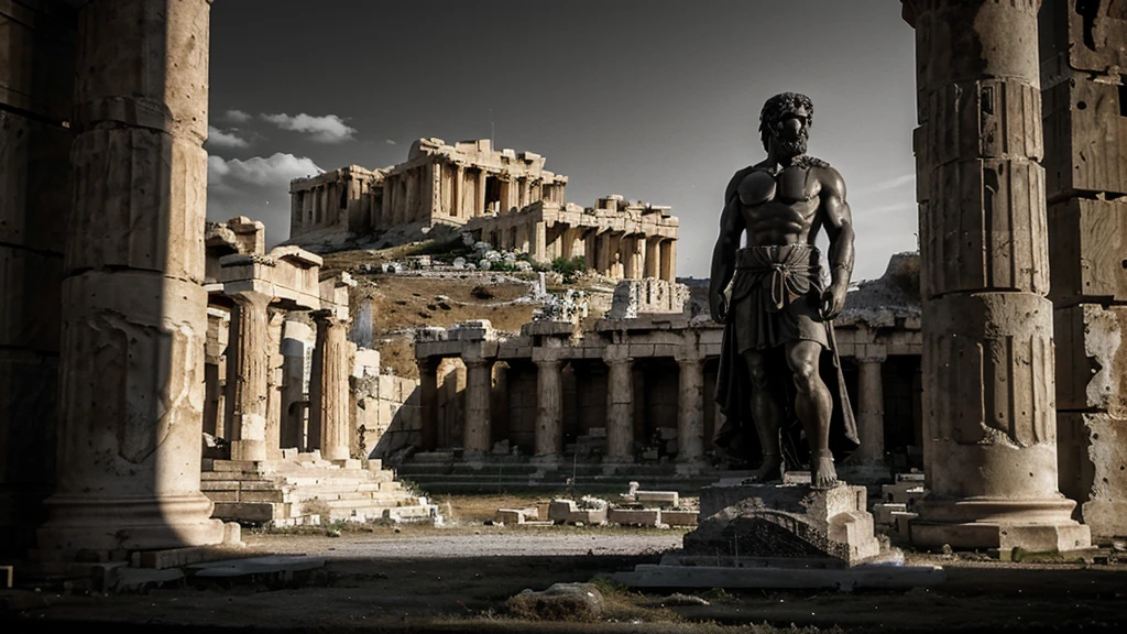 "A dark landscape image of an ancient greek society deeply connected to stoicism, black and white, ancient greek architecture, include one single big statue of a stereotypical strong greek man, marcus aurelius the statue standing over the ruins of athens dark themed