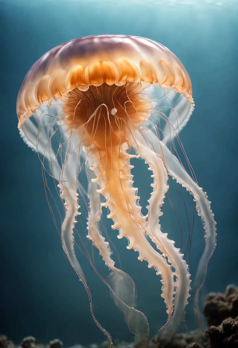 (best quality, 4k, 8k, high resolution, masterpiece: 1.2), ultra detailed, (realistic, photorealistic, photorealistic: 1.37), (professional underwater photography of a jellyfish: 1.32), translucent jellyfish, raw photography, spectacular seabed Sigma art 85mm objective with depth of field