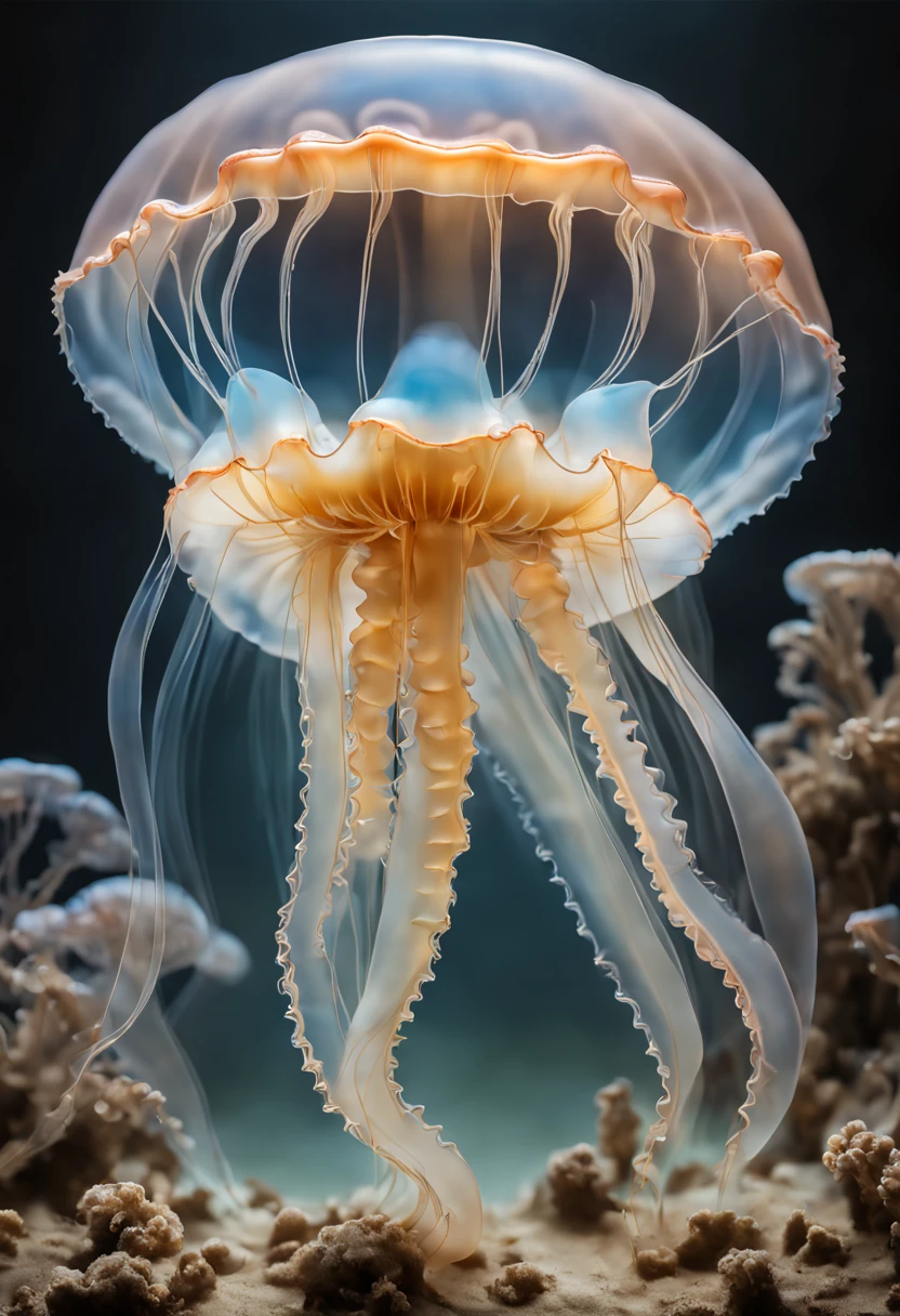 RAW photo, best, masterpiece, best quality, high quality, extremely detailed (a translucent jellyfish: 1.3), best quality, spectacular lighting, sharp focus, photorealistic, ultrarealistic, 8k, sea corals, professional color