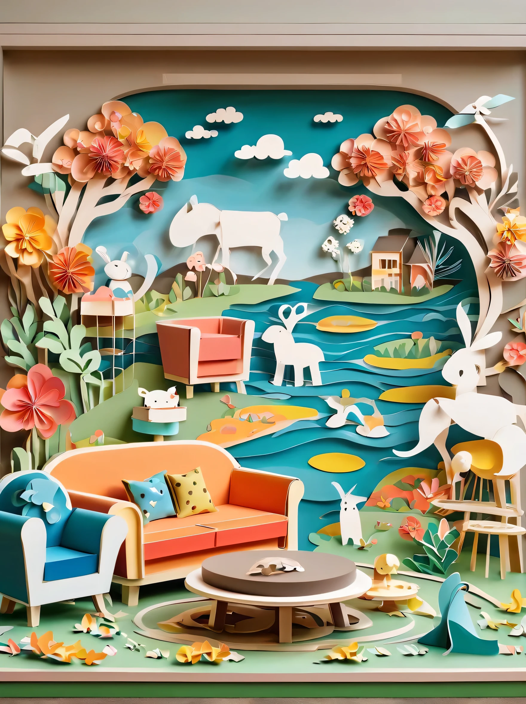 3d paper cut style, classic, cartoon, Lovely, Living room paper cutting art, playful and Lovely room decoration, paper art furniture, sofa, Chairs and tables made from folded and decoupage paper, bright colors, Whimsical patterns, The walls are decorated with animals, flowers, landscapes and other paper art cartoons