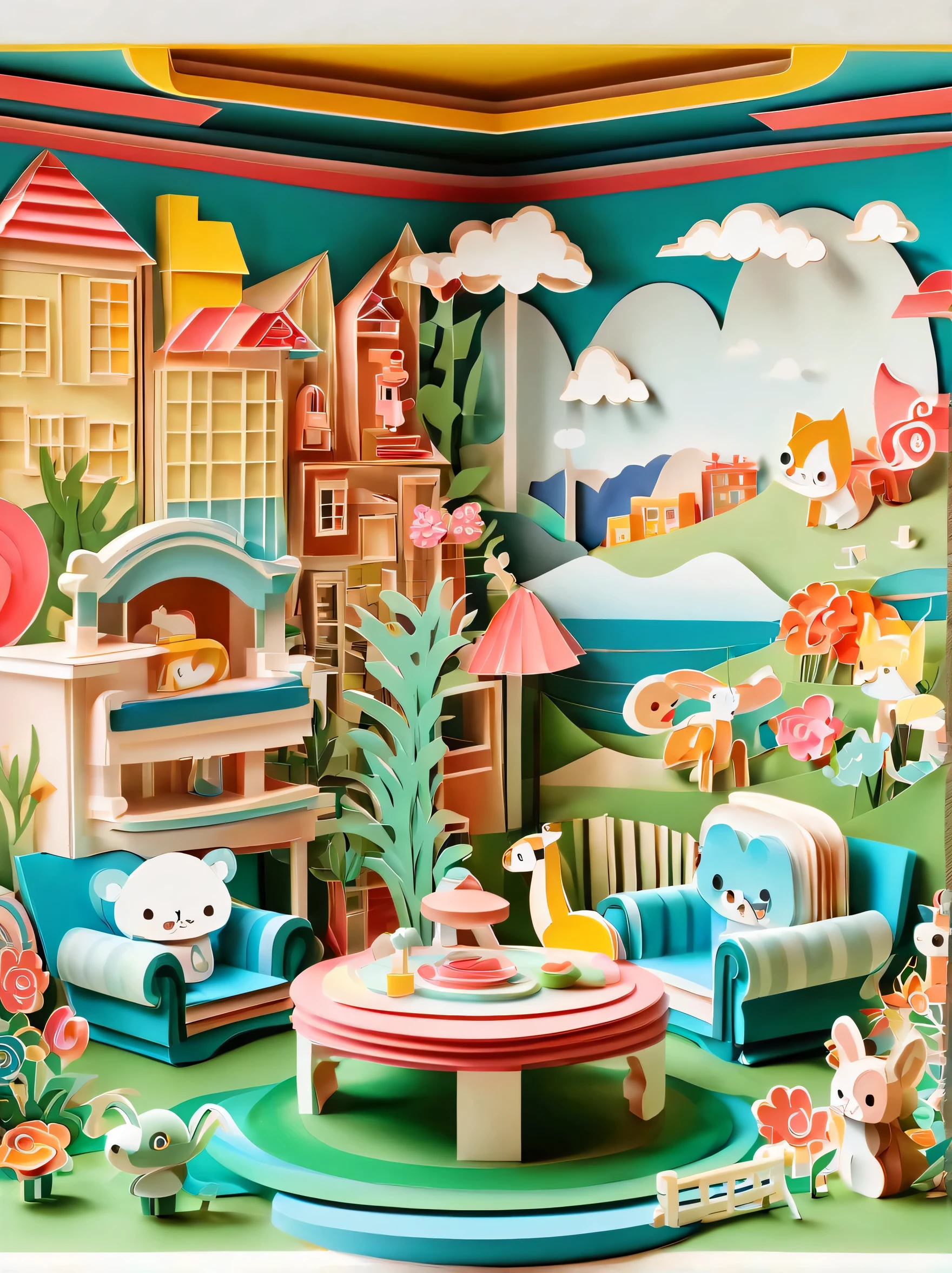 3d paper cut style, classic, cartoon, Lovely, Living room paper cutting art, playful and Lovely room decoration, paper art furniture, sofa, Chairs and tables made from folded and decoupage paper, bright colors, Whimsical patterns, The walls are decorated with animals, flowers, landscapes and other paper art cartoons