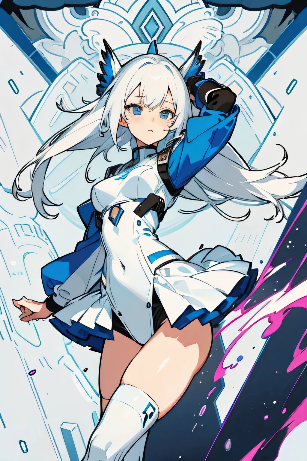 Anime girl, blue eyes, white hair, long hair, sexy body, sexy outfit, sexy pose, background space, hd ,4k , high quality