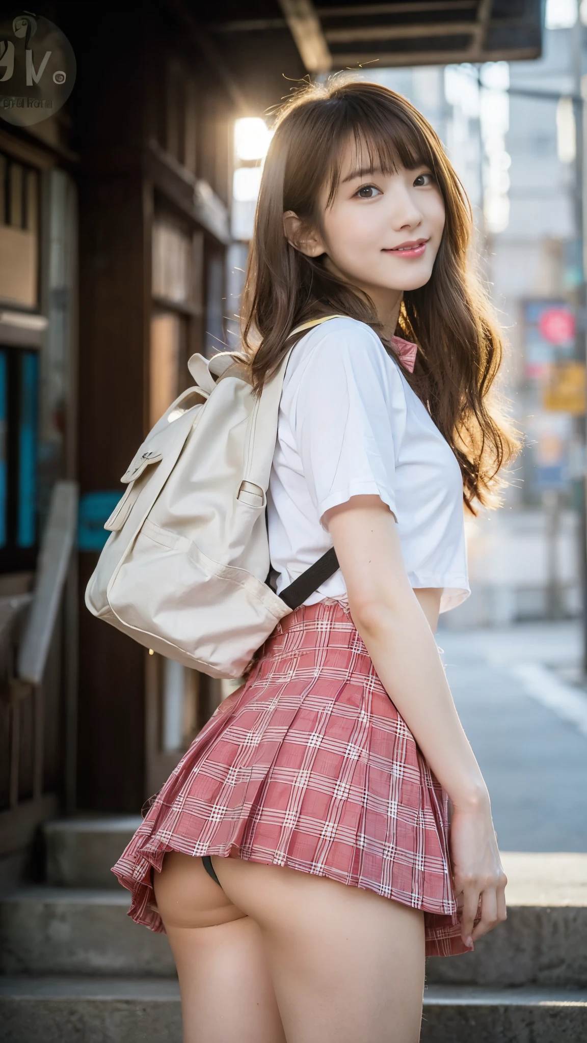 High school girl standing on the school stairs,short sleeve white shirt,Very short red plaid miniskirt:1.2,18-year-old,bangs,a little smile,thighs,knees,from below，random pose，pretty girl，slender girl，white panties，Short-cut blonde，short side waves，carrying a black backpack、buttocks are exposed a lot、buttocks half exposed、