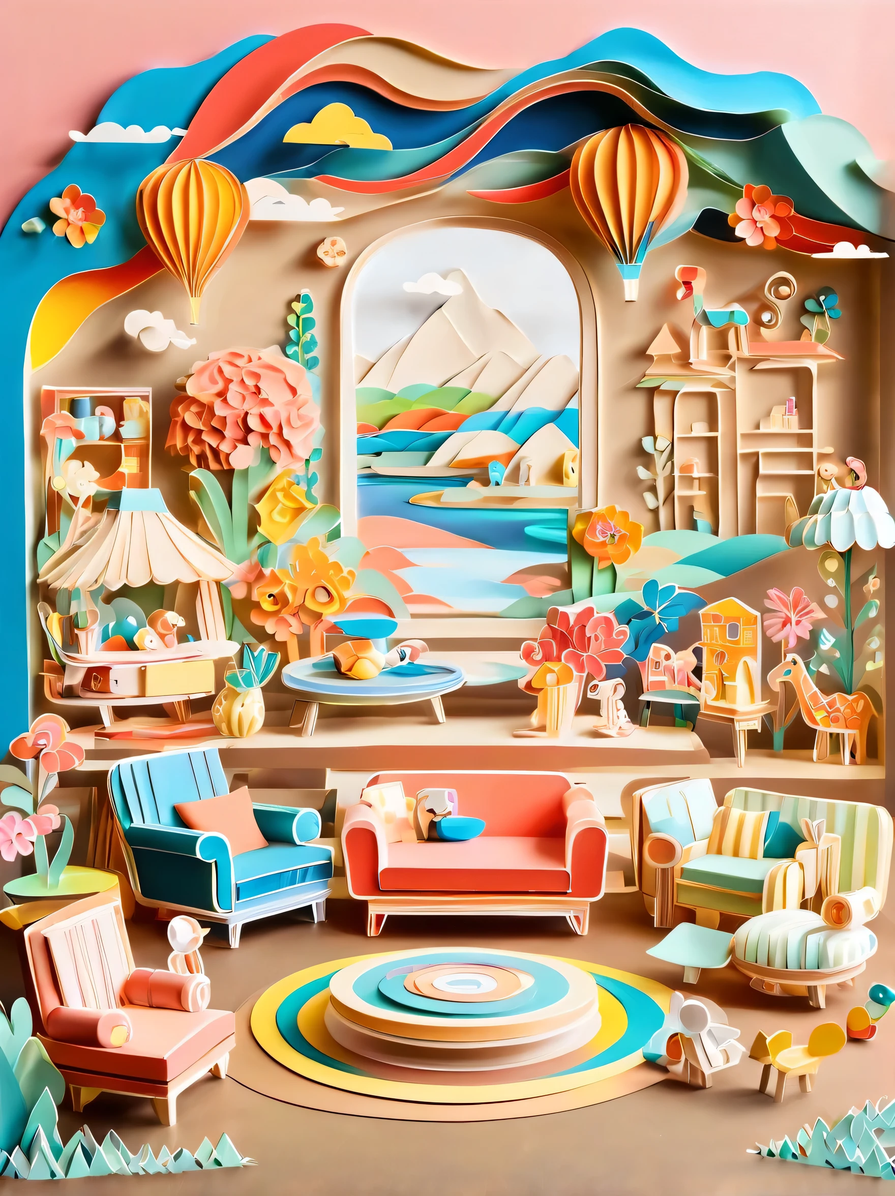 3d paper cut style, classic, cartoon, Lovely, Living room paper cutting art, playful and Lovely room decoration, paper art furniture, sofa, Chairs and tables made from folded and decoupage paper, bright colors, Whimsical patterns, The walls are decorated with animals, flowers, landscapes and other paper art cartoons