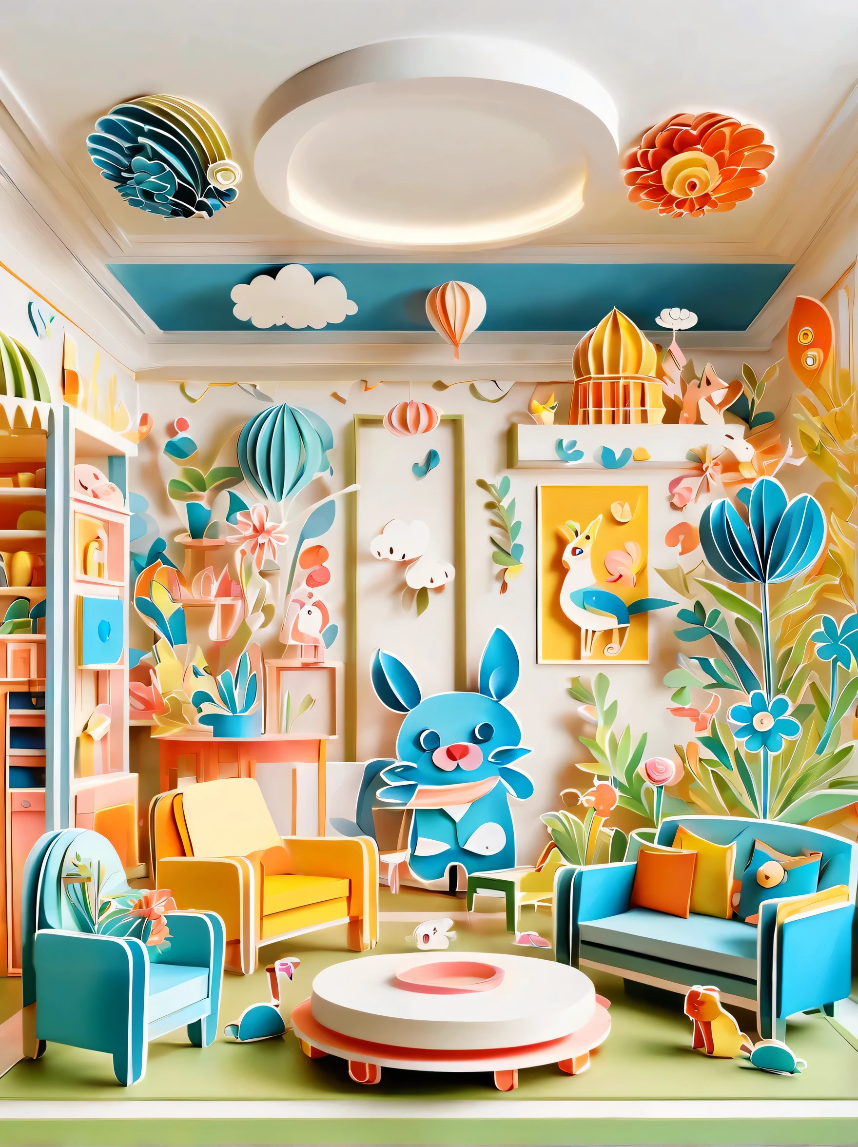 3d paper cut style, classic, cartoon, Lovely, Living room paper cutting art, playful and Lovely room decoration, paper art furniture, sofa, Chairs and tables made from folded and decoupage paper, bright colors, Whimsical patterns, The walls are decorated with animals, flowers, landscapes and other paper art cartoons