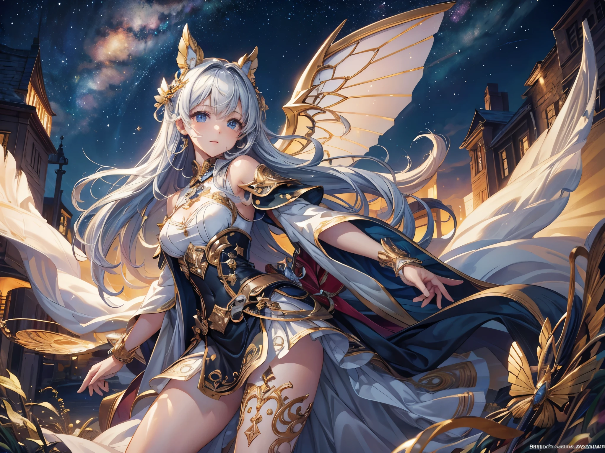 ((highest quality)),(ultra high resolution),(Super detailed),(detailed description),((best CG)),(best work of art),super precision art,amazing drawing art,(Art with precise details:1.5), Starry sky with fluttering aurora、Make a wish on a shooting star that passes through the night sky