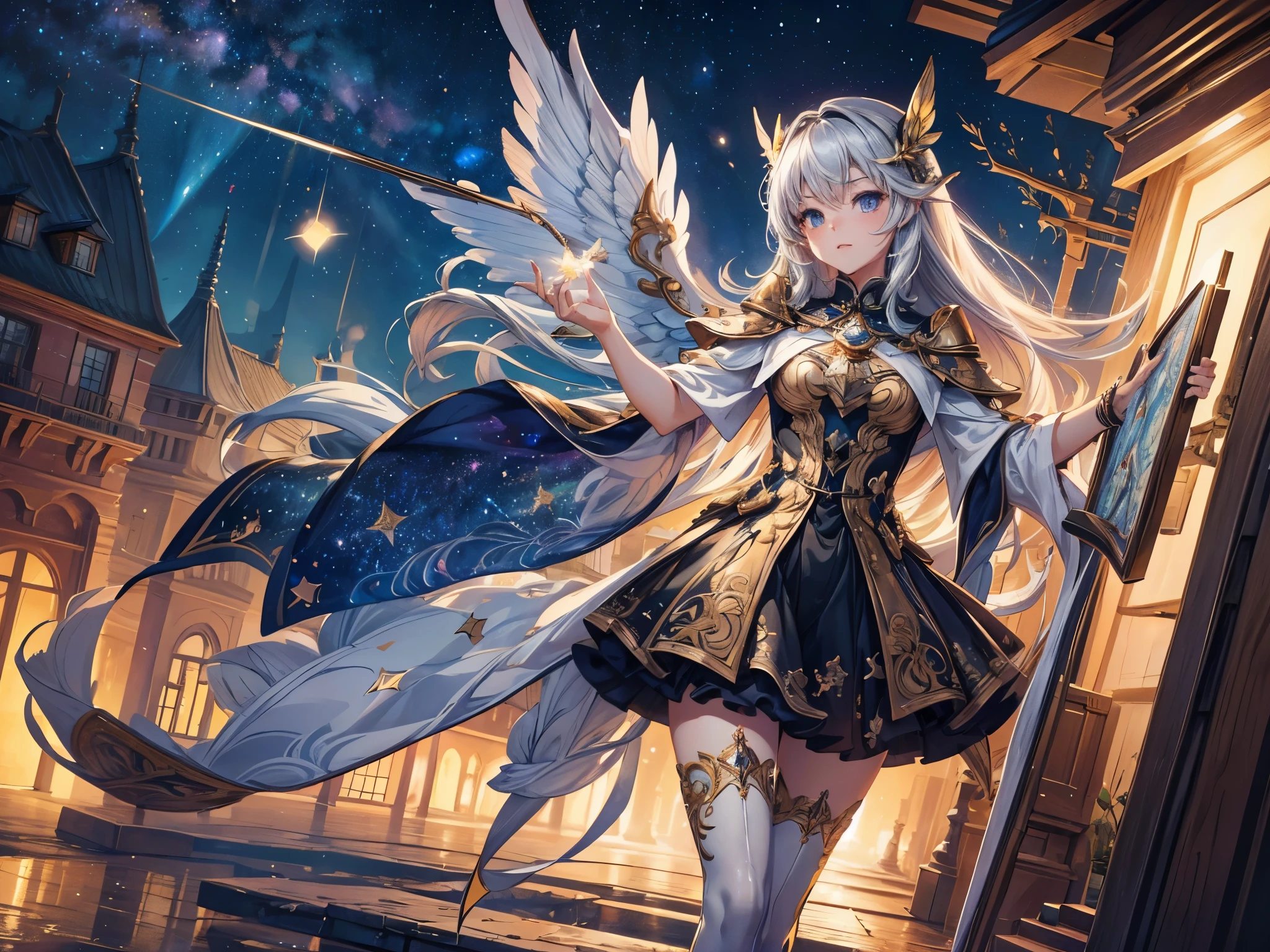 ((highest quality)),(ultra high resolution),(Super detailed),(detailed description),((best CG)),(best work of art),super precision art,amazing drawing art,(Art with precise details:1.5), Starry sky with fluttering aurora、Make a wish on a shooting star that passes through the night sky