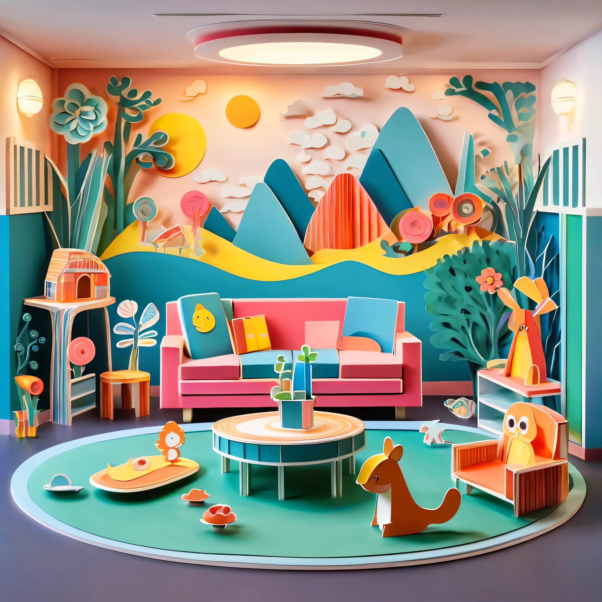 3d paper cut style, classic, cartoon, Lovely, Living room paper cutting art, playful and Lovely room decoration, paper art furniture, sofa, Chairs and tables made from folded and decoupage paper, bright colors, Whimsical patterns, The walls are decorated with animals, flowers, landscapes and other paper art cartoons