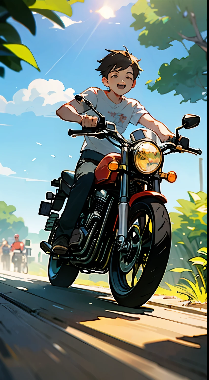 木がたくさんある道路でバイクに乗っている漫画の少年 - SeaArt AI