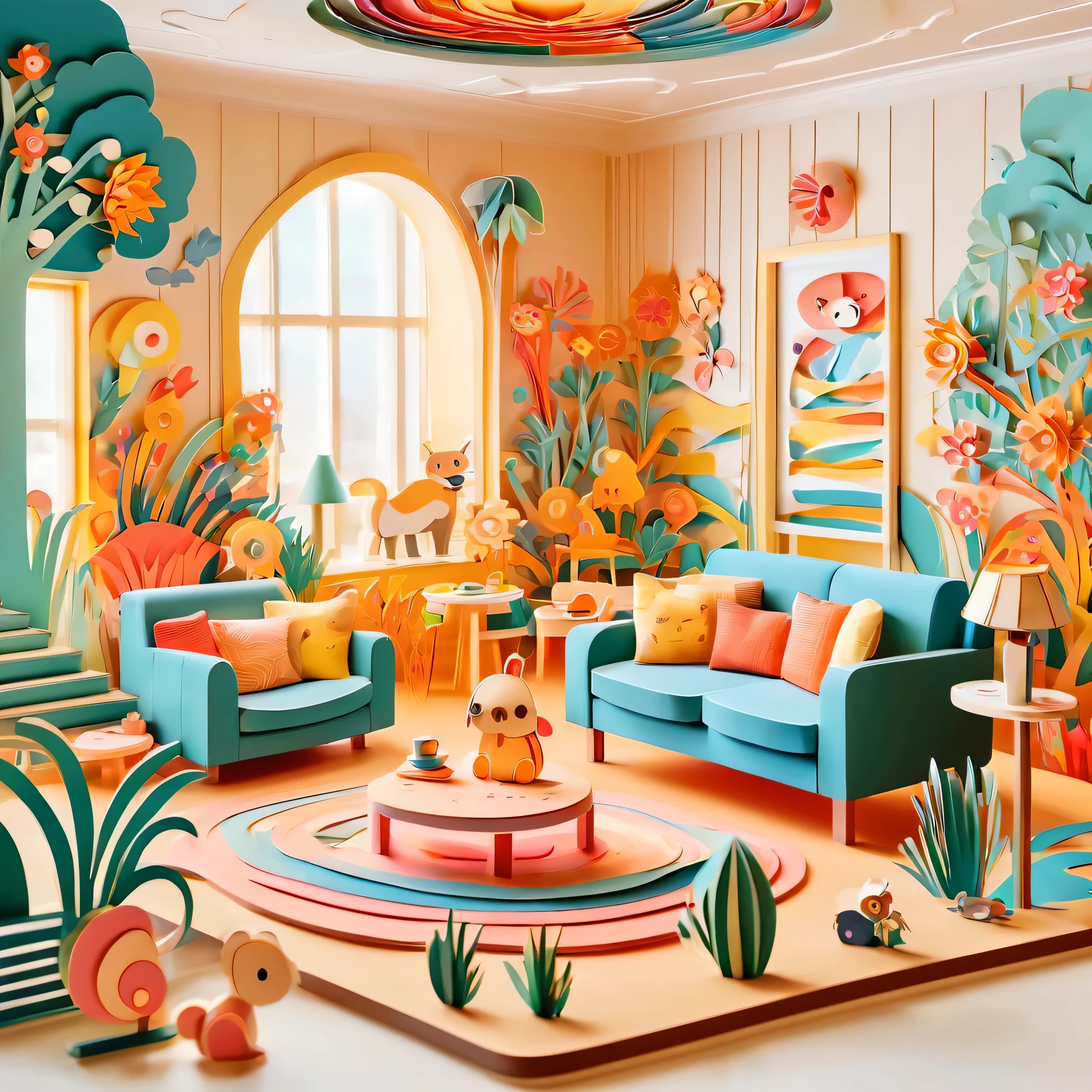 3d paper cut style, classic, cartoon, Lovely, Living room paper cutting art, playful and Lovely room decoration, paper art furniture, sofa, Chairs and tables made from folded and decoupage paper, bright colors, Whimsical patterns, The walls are decorated with animals, flowers, landscapes and other paper art cartoons