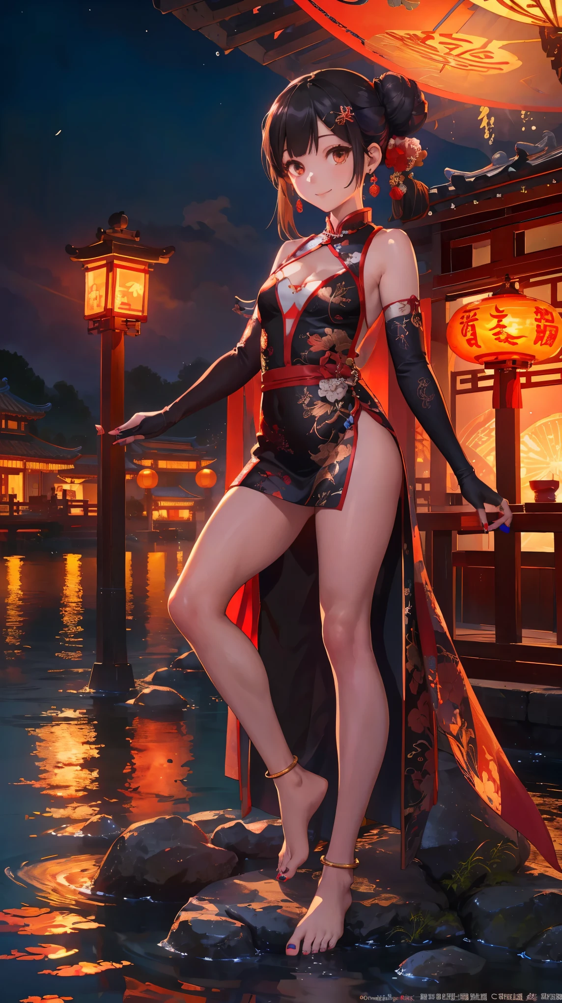 masterpiece,best quality,official art,extremely detailed CG unity 8k wallpaper, (wide shot),1girl, (Miyu Edelfelt),loli,black hair,brown eyes,seductive smile,(cleavage cutout), barefoot, see-through dress, butterfly, butterfly hair ornament, backless dress, chinese clothes,sleeveless, double bun,golden dragon print,bare foot,spread legs,elbow gloves,hair bun, hair ornament,jewelry,earrings,bead anklet,slim legs,nail polish, small breasts, solo, toenail polish, toenails, toes, twintails,outdoor,Chinese style architecture, Chinese style, lake, ancient town, beautiful and meticulous water,the red lantern,fireworks,