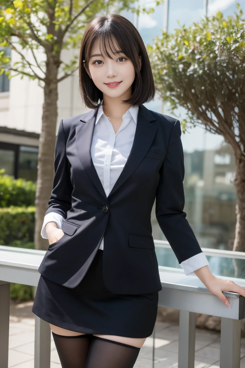 table top, highest quality, figure, super detailed, finely, High resolution, 8k wallpaper,short hair、 完璧なダイナミックな構figure, beautiful and fine eyes, business suit,natural color lip, smile、18 year old girl,Wearing black tights and stockings、plump thighs、shortcut