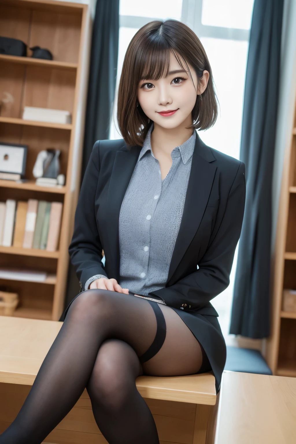 table top, highest quality, figure, super detailed, finely, High resolution, 8k wallpaper,short hair、 完璧なダイナミックな構figure, beautiful and fine eyes, business suit,natural color lip, smile、18 year old girl,Wearing black tights and stockings、plump thighs、shortcut
